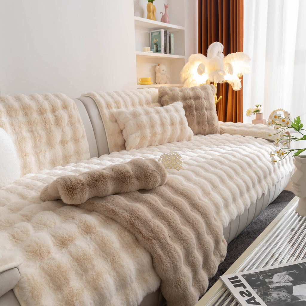 Thick Sofa Seat Pad Solid Color Faux Fur Fluffy Sofa Cushion Non-Slip Couch Covers