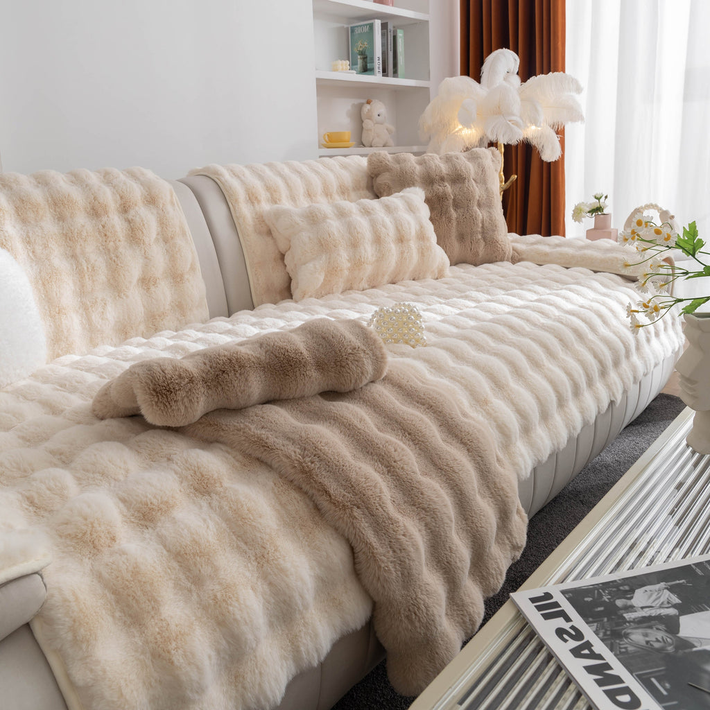 Thick Sofa Seat Pad Solid Color Faux Fur Fluffy Sofa Cushion Non-Slip Couch Covers