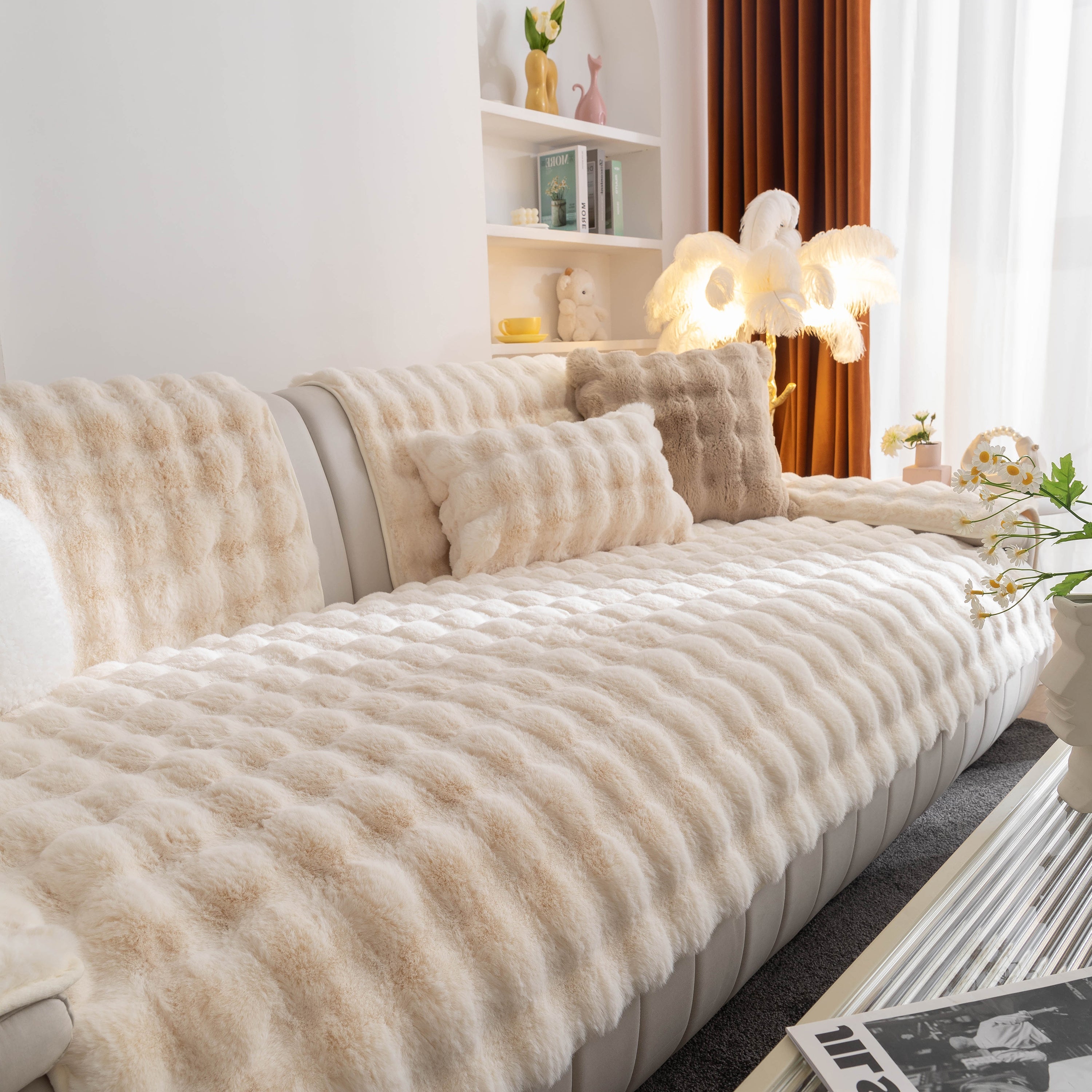 Thick Sofa Seat Pad Solid Color Faux Fur Fluffy Sofa Cushion Non-Slip Couch Covers