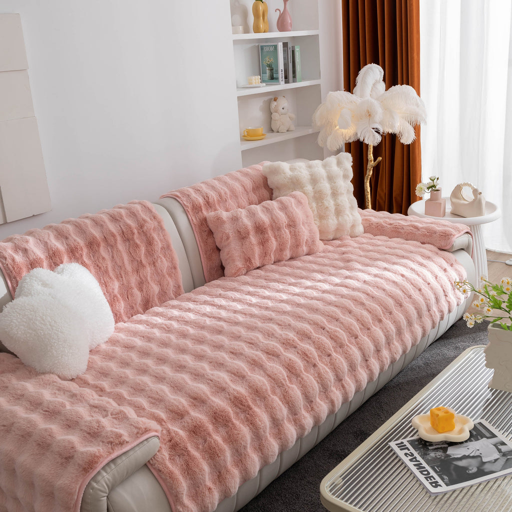 Thick Sofa Seat Pad Solid Color Faux Fur Fluffy Sofa Cushion Non-Slip Couch Covers