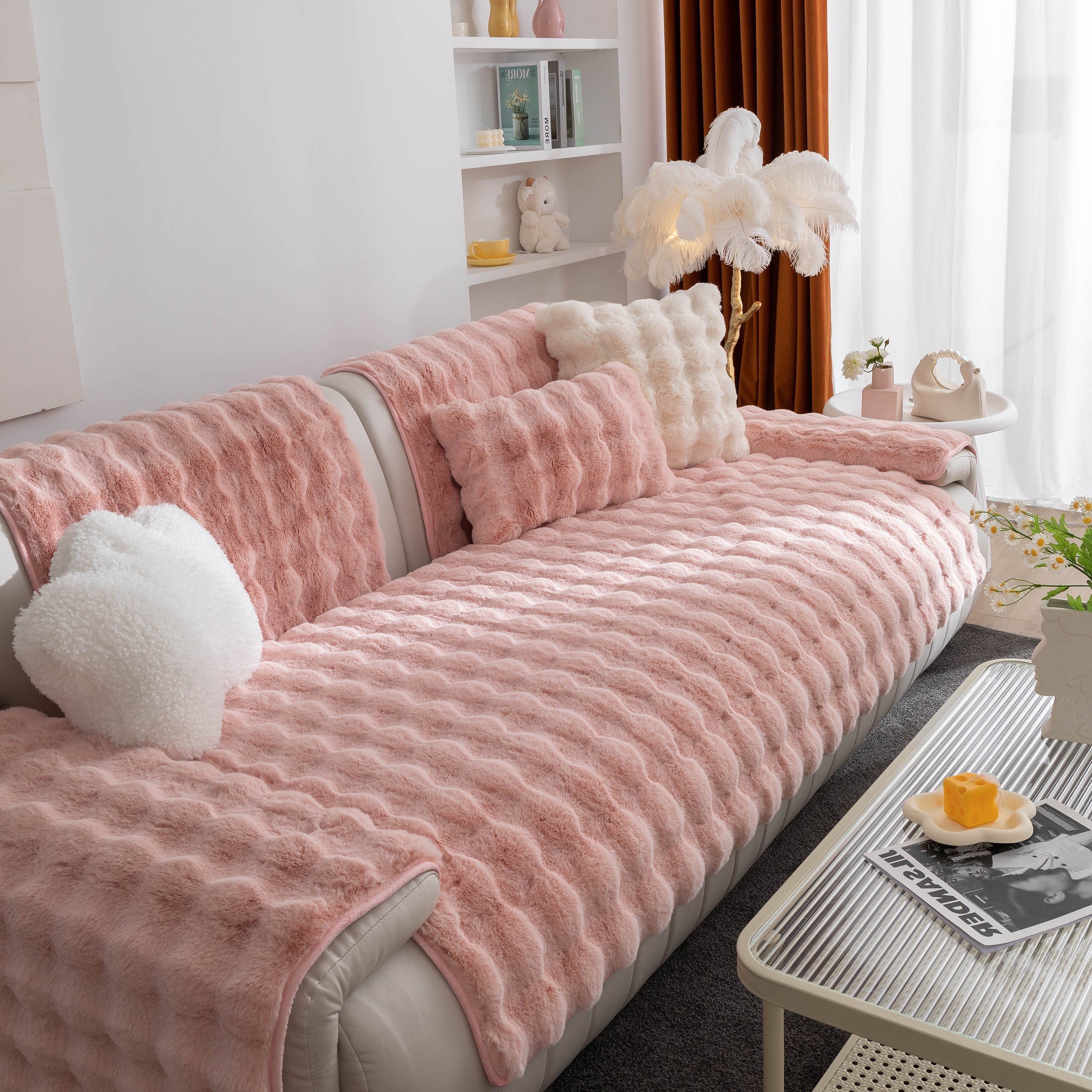 Thick Sofa Seat Pad Solid Color Faux Fur Fluffy Sofa Cushion Non-Slip Couch Covers