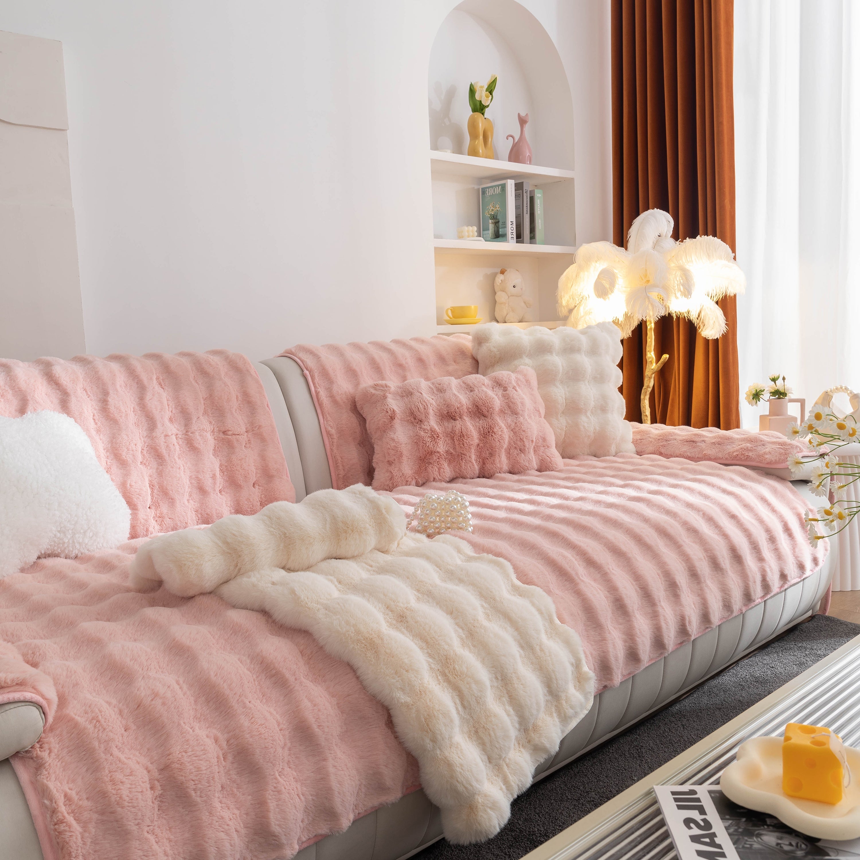 Thick Sofa Seat Pad Solid Color Faux Fur Fluffy Sofa Cushion Non-Slip Couch Covers