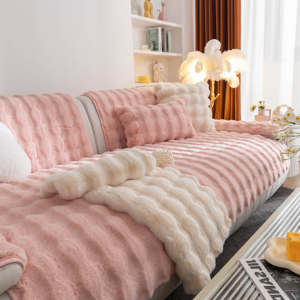 Thick Sofa Seat Pad Solid Color Faux Fur Fluffy Sofa Cushion Non-Slip Couch Covers