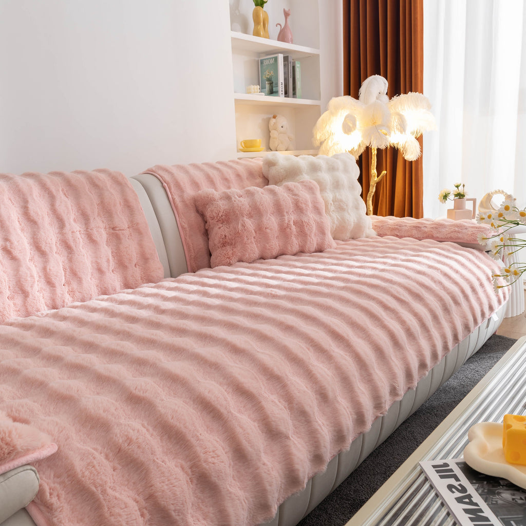 Thick Sofa Seat Pad Solid Color Faux Fur Fluffy Sofa Cushion Non-Slip Couch Covers