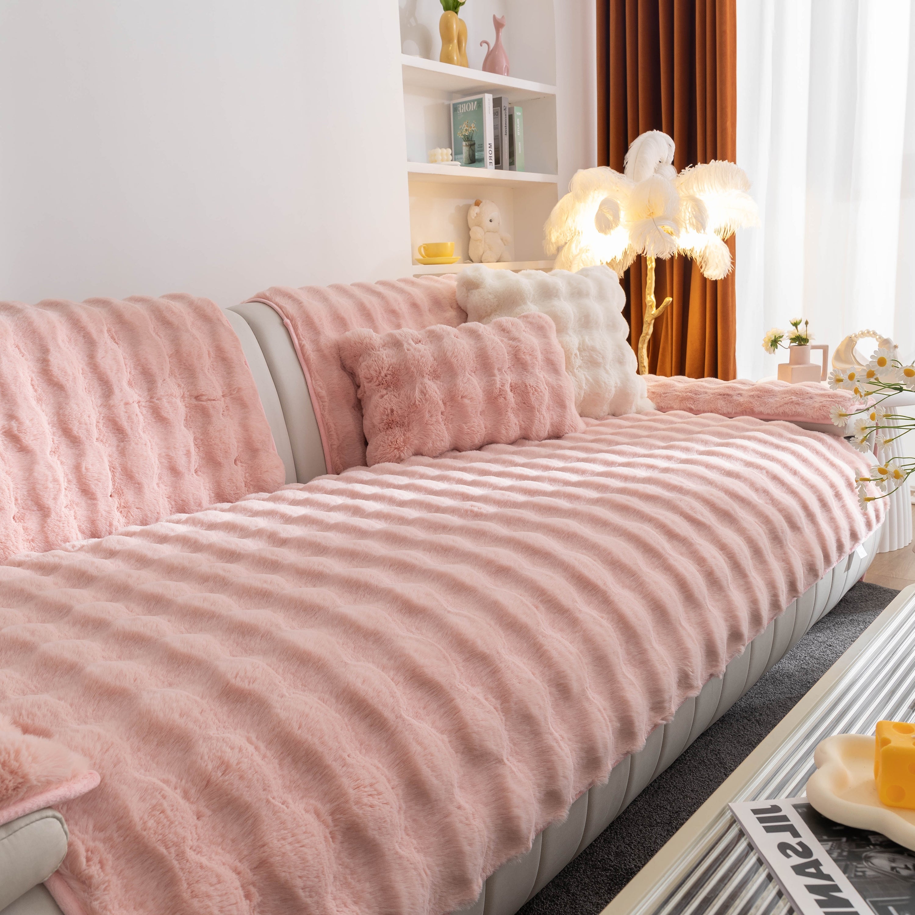 Thick Sofa Seat Pad Solid Color Faux Fur Fluffy Sofa Cushion Non-Slip Couch Covers