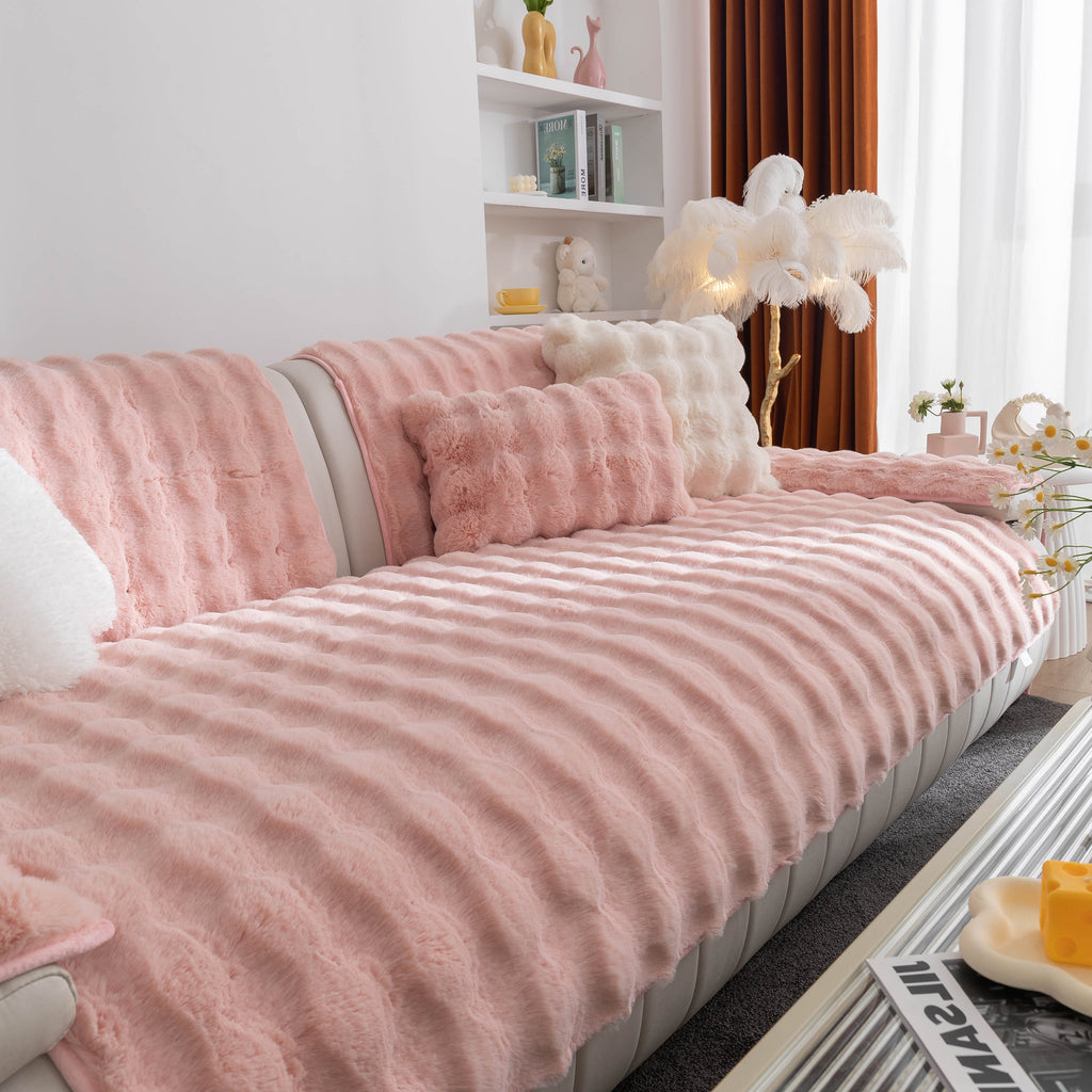 Thick Sofa Seat Pad Solid Color Faux Fur Fluffy Sofa Cushion Non-Slip Couch Covers