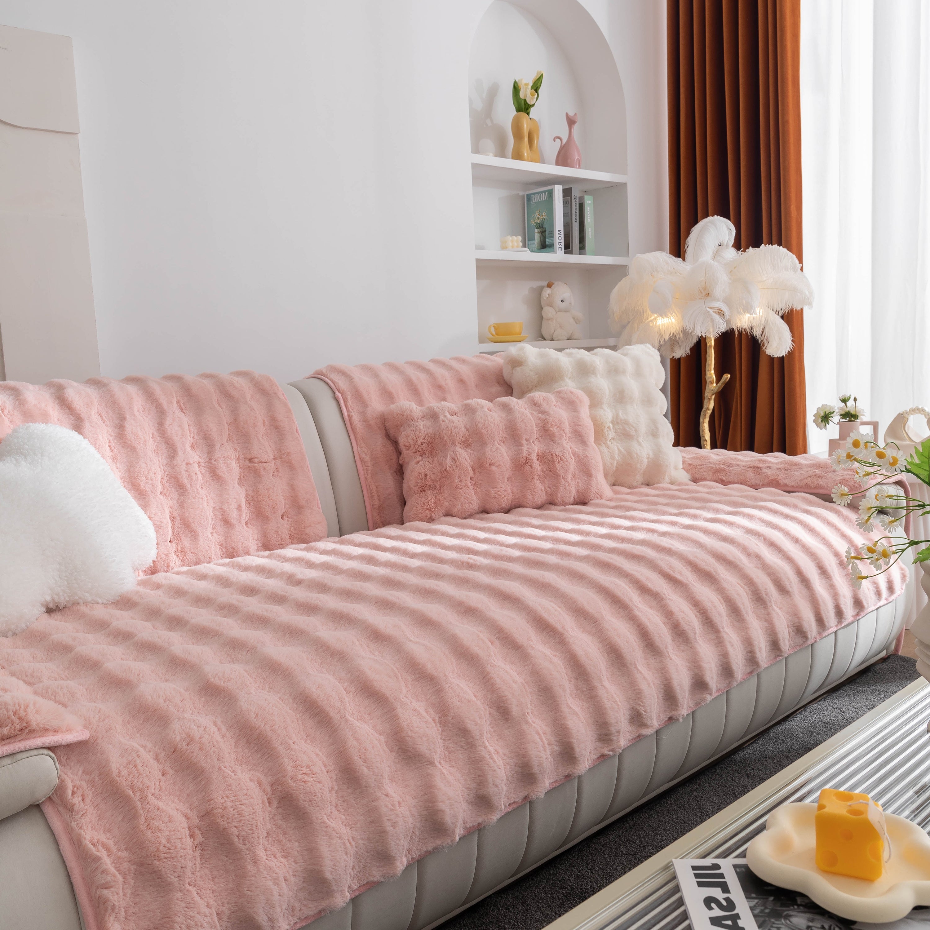 Thick Sofa Seat Pad Solid Color Faux Fur Fluffy Sofa Cushion Non-Slip Couch Covers