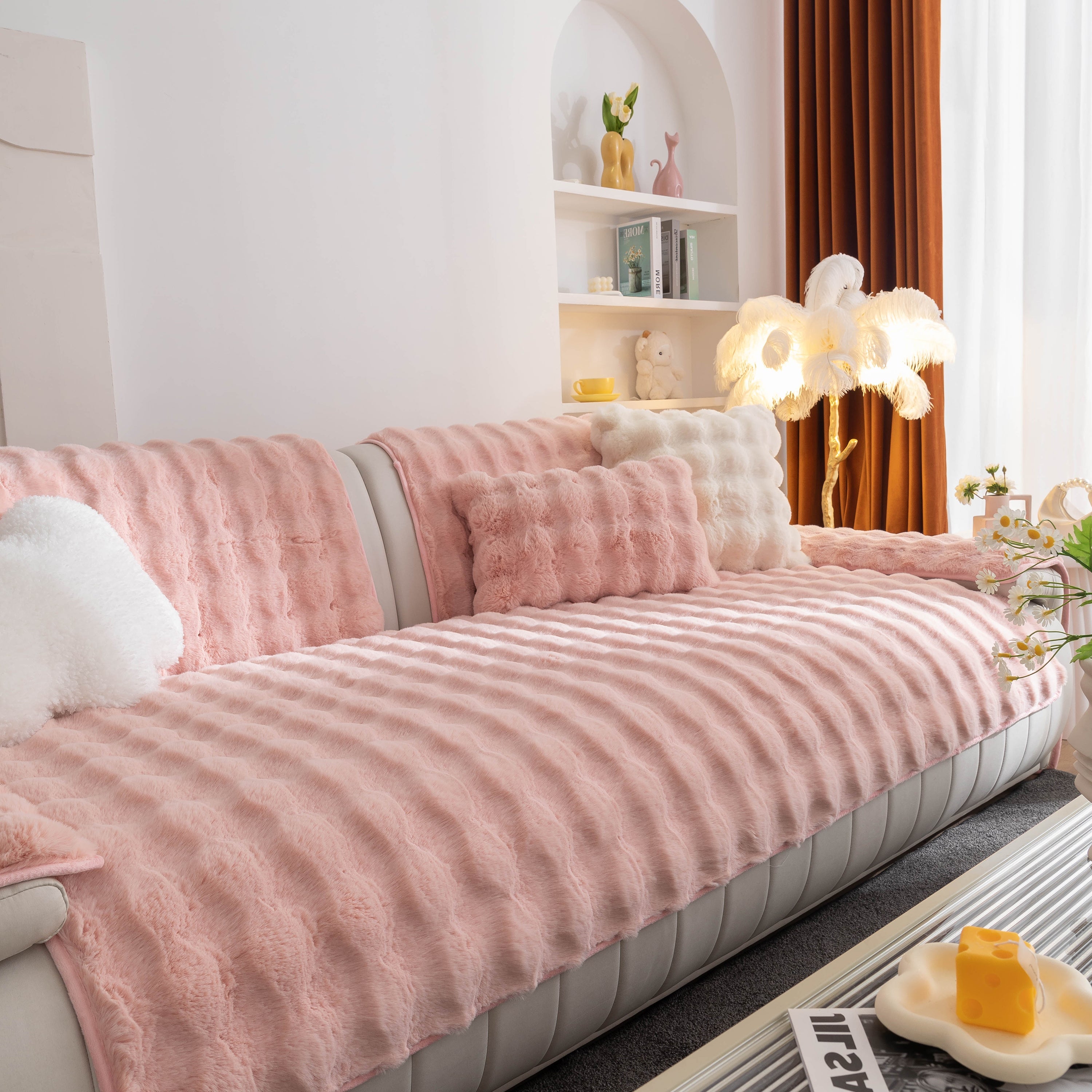 Thick Sofa Seat Pad Solid Color Faux Fur Fluffy Sofa Cushion Non-Slip Couch Covers
