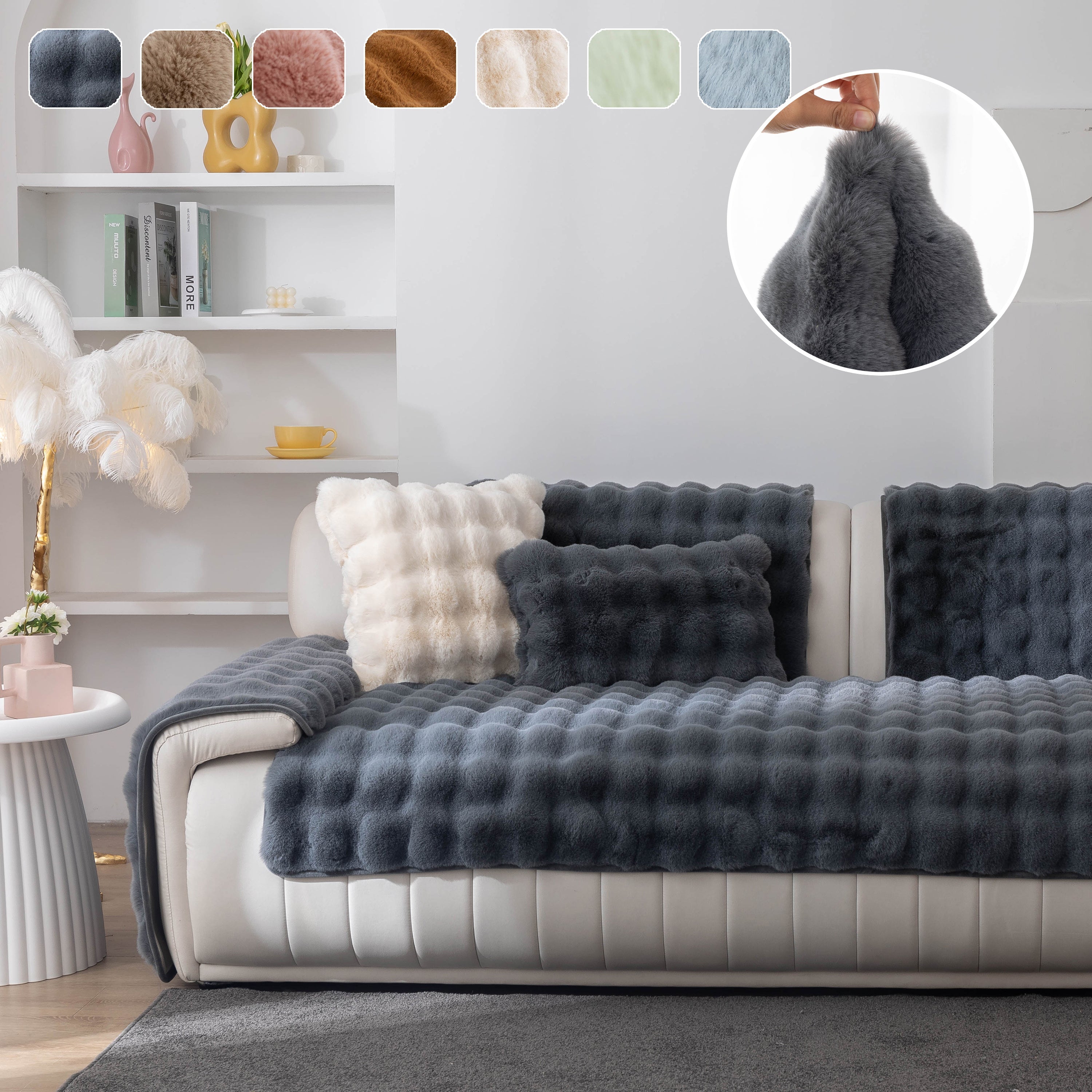 Thick Sofa Seat Pad Solid Color Faux Fur Fluffy Sofa Cushion Non-Slip Couch Covers