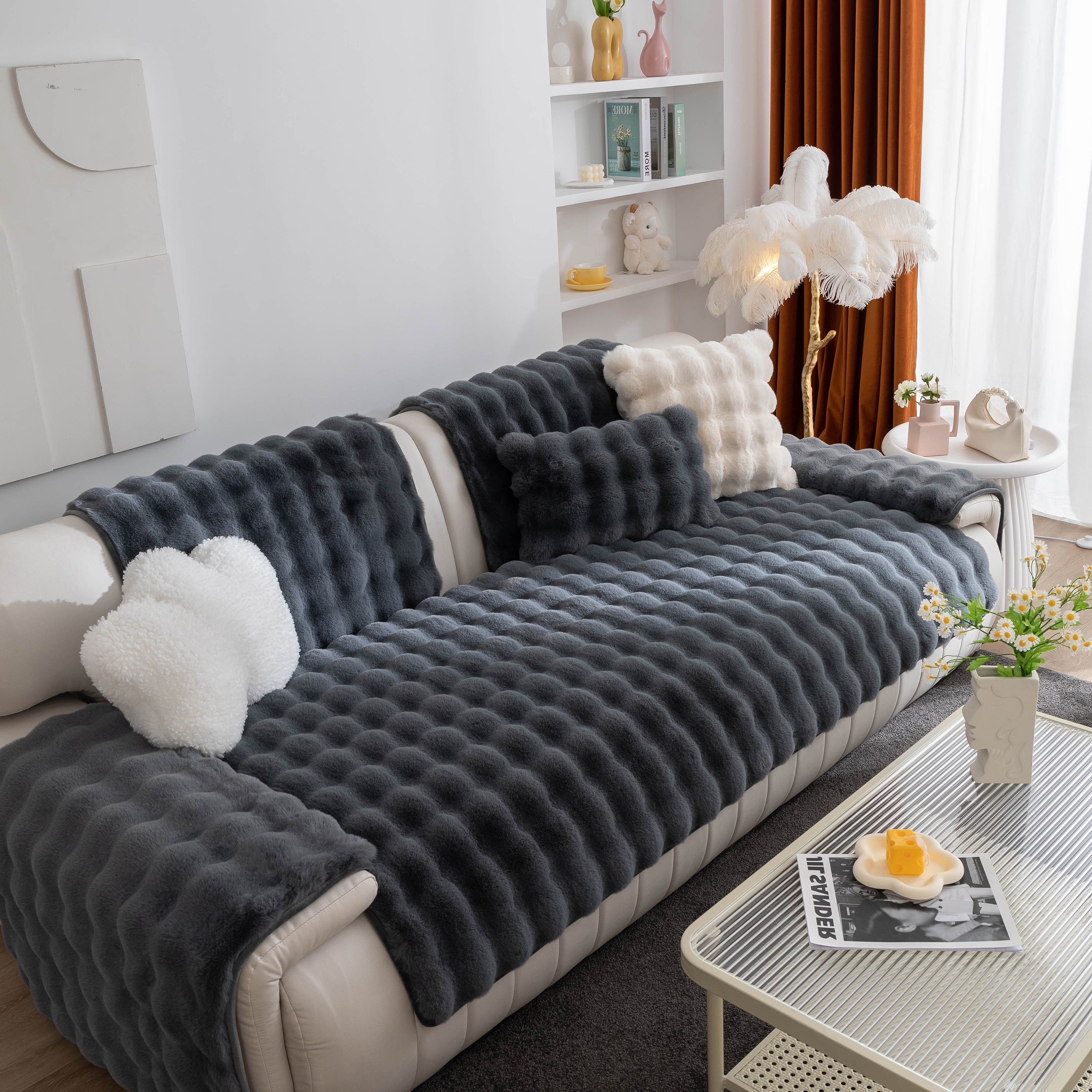 Thick Sofa Seat Pad Solid Color Faux Fur Fluffy Sofa Cushion Non-Slip Couch Covers