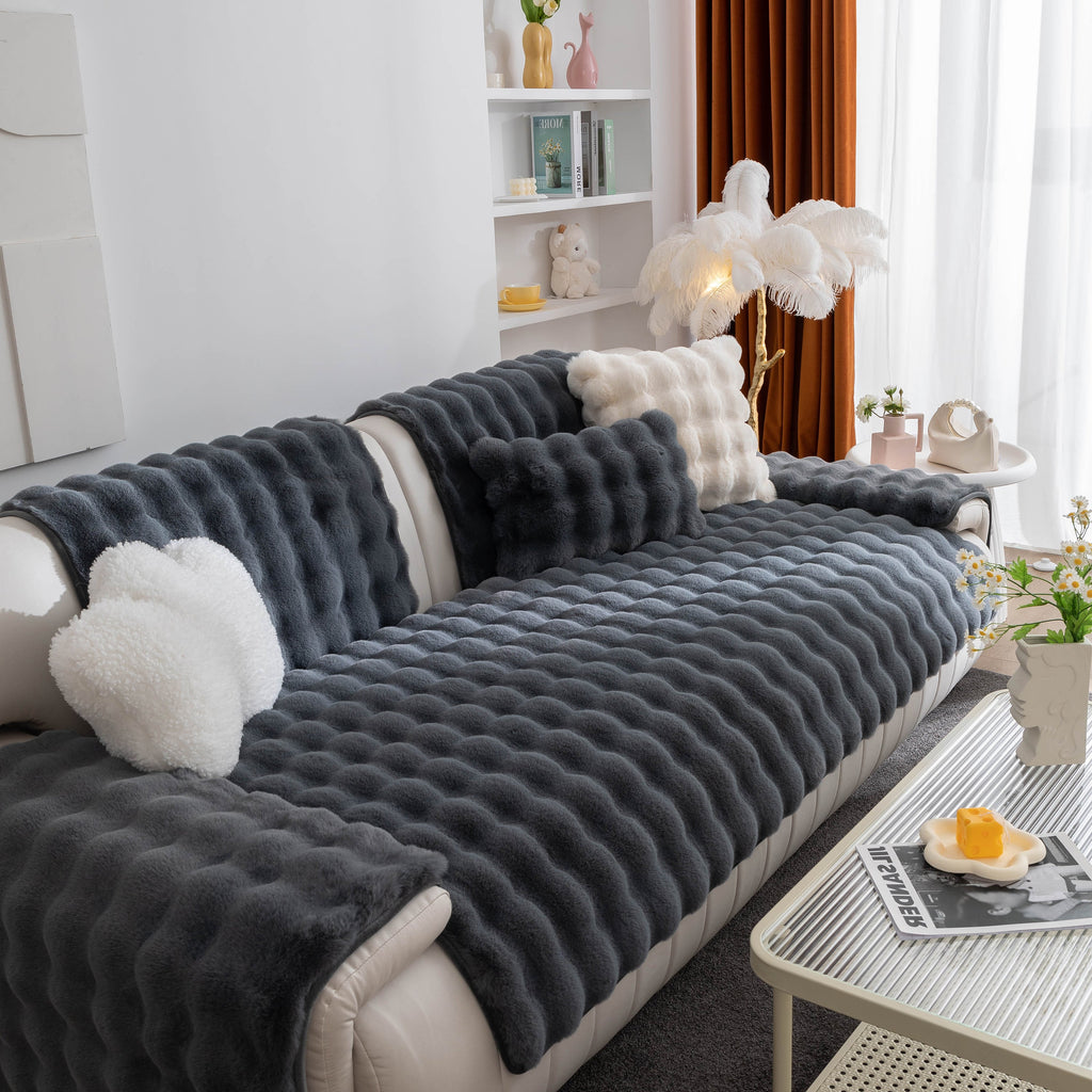 Thick Sofa Seat Pad Solid Color Faux Fur Fluffy Sofa Cushion Non-Slip Couch Covers