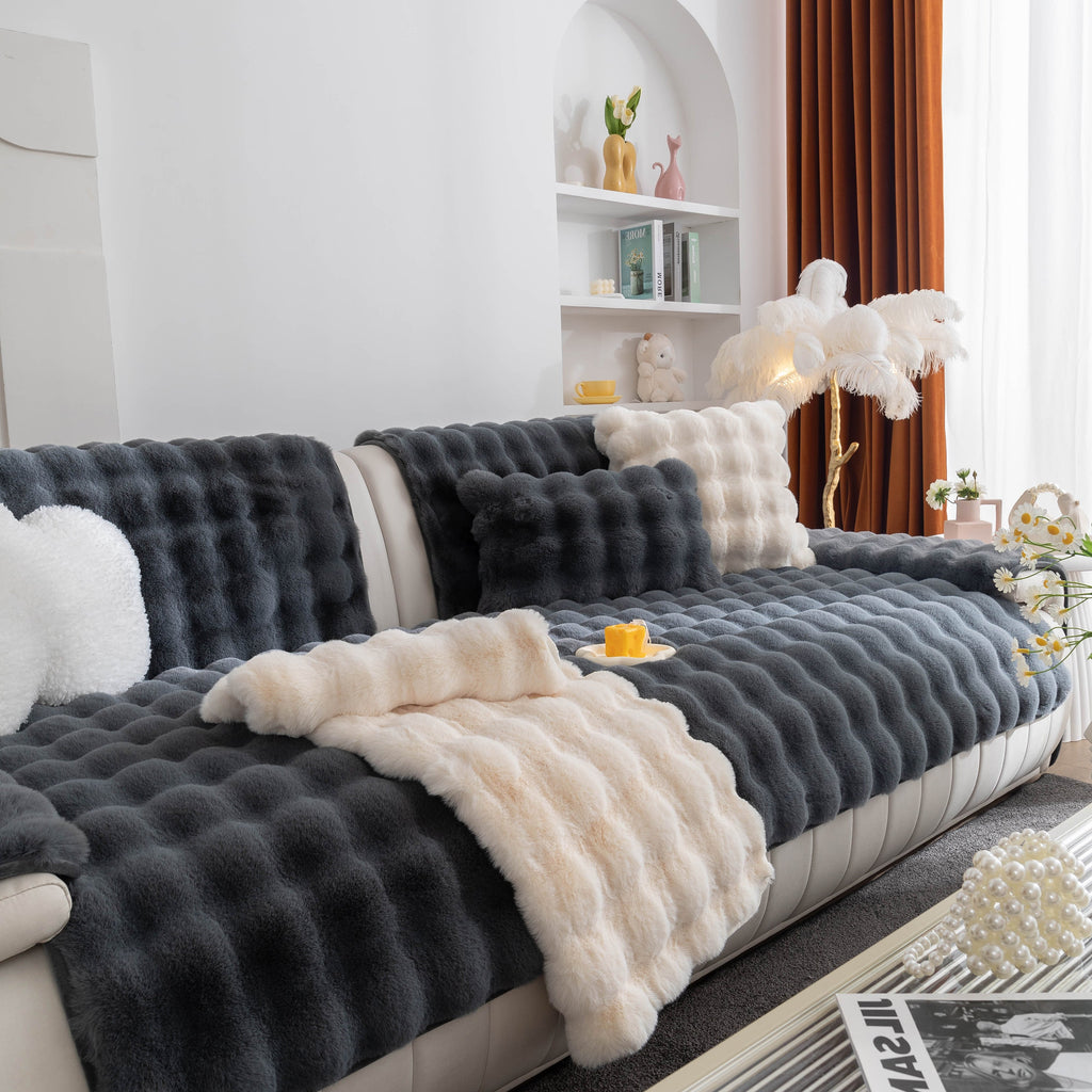 Thick Sofa Seat Pad Solid Color Faux Fur Fluffy Sofa Cushion Non-Slip Couch Covers