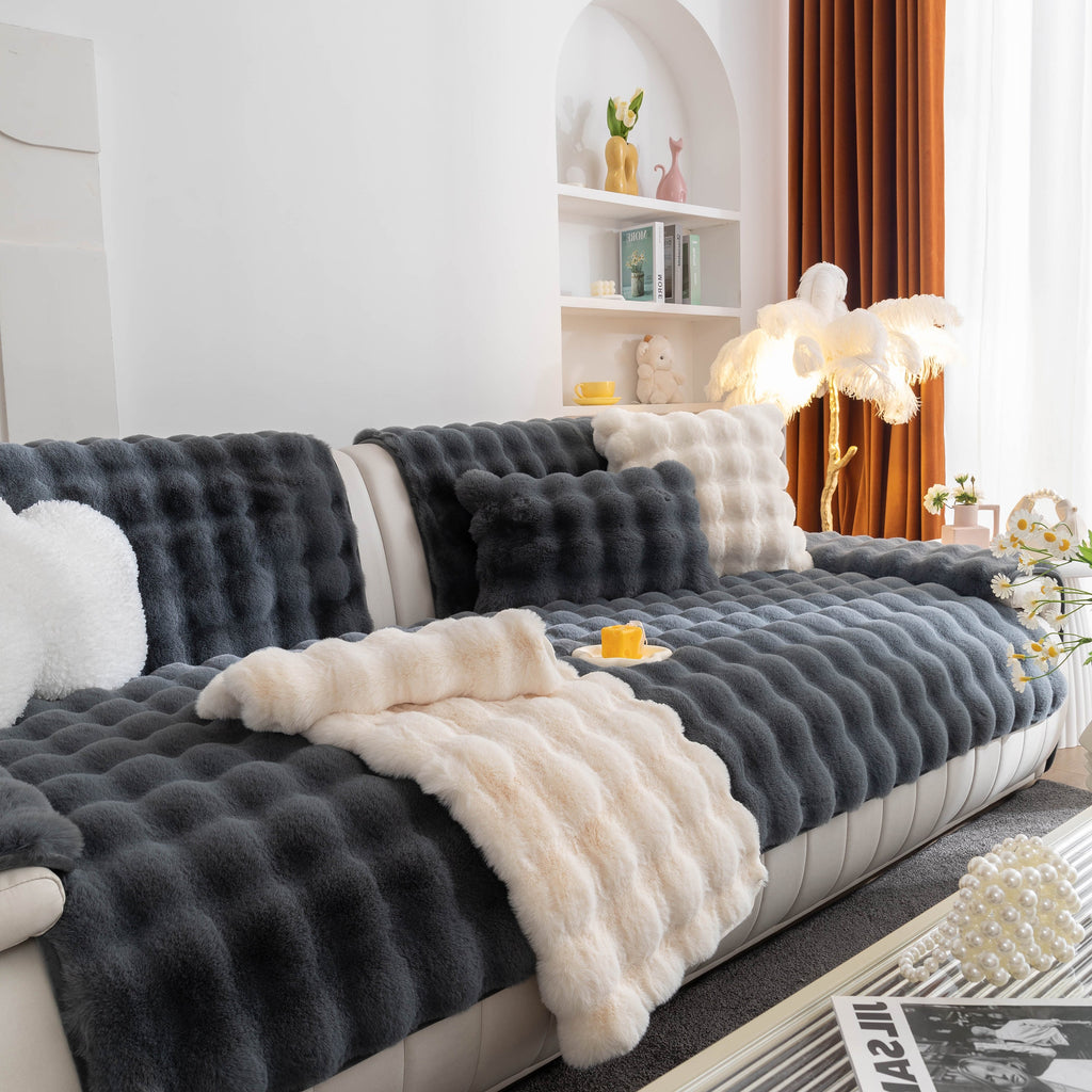 Thick Sofa Seat Pad Solid Color Faux Fur Fluffy Sofa Cushion Non-Slip Couch Covers