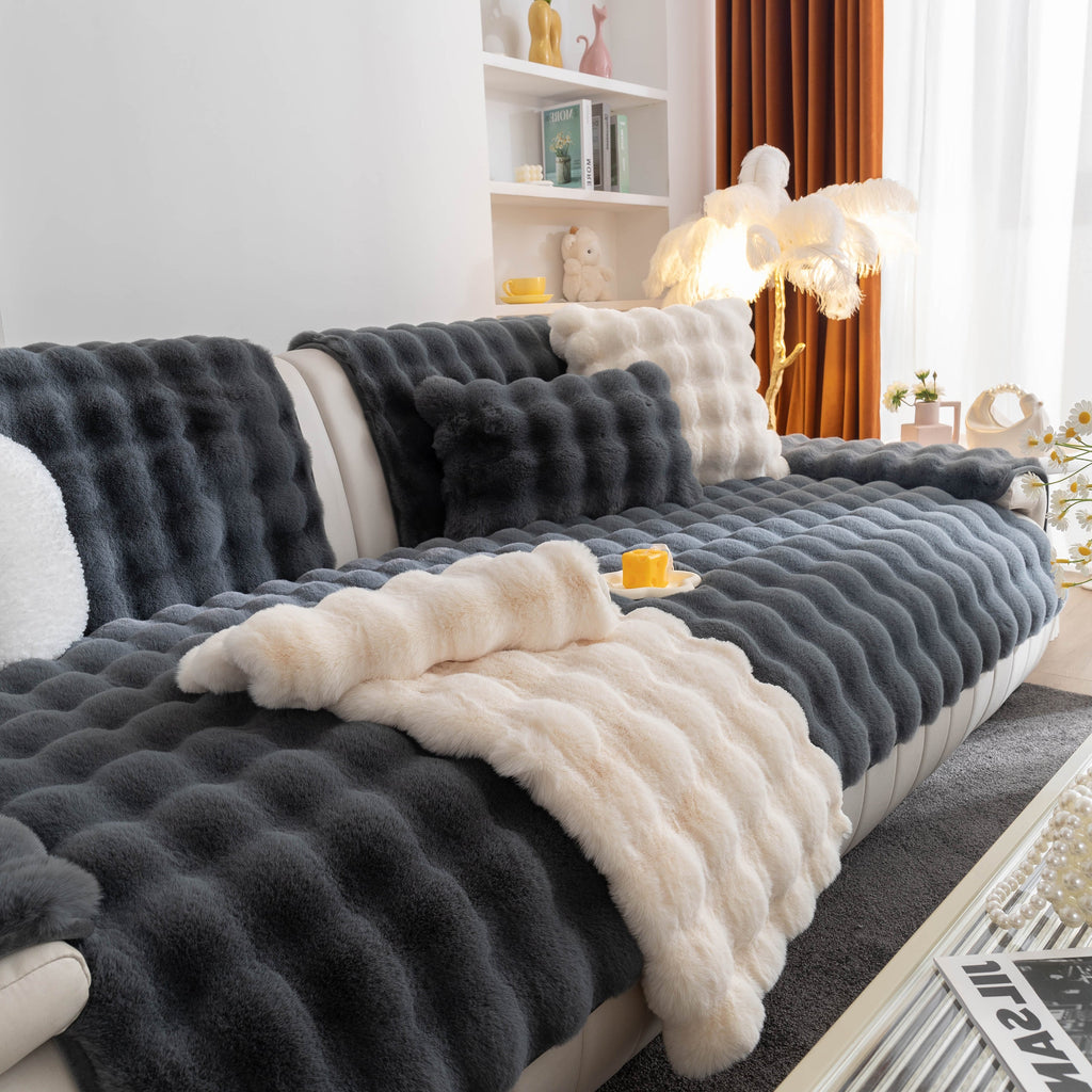 Thick Sofa Seat Pad Solid Color Faux Fur Fluffy Sofa Cushion Non-Slip Couch Covers