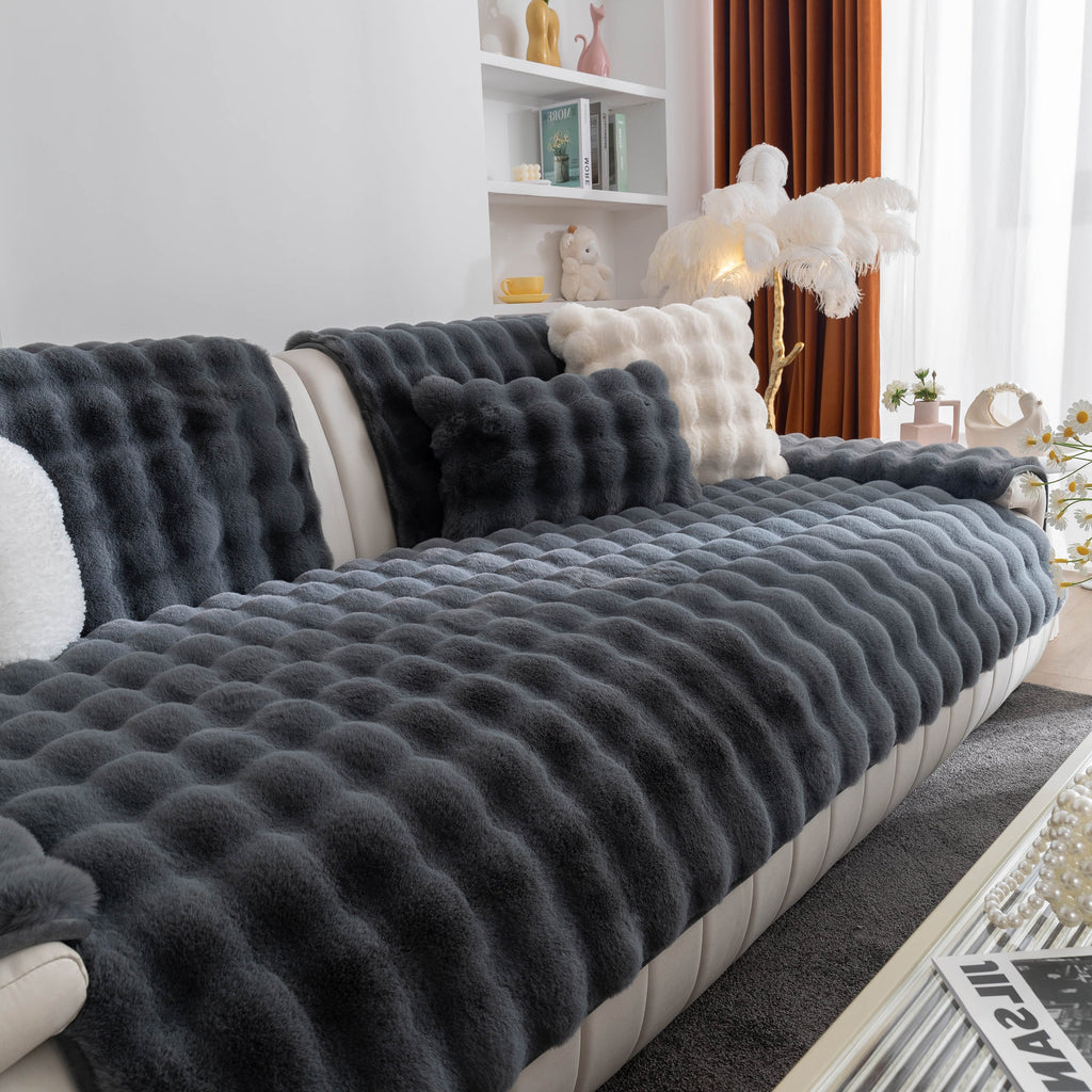 Thick Sofa Seat Pad Solid Color Faux Fur Fluffy Sofa Cushion Non-Slip Couch Covers