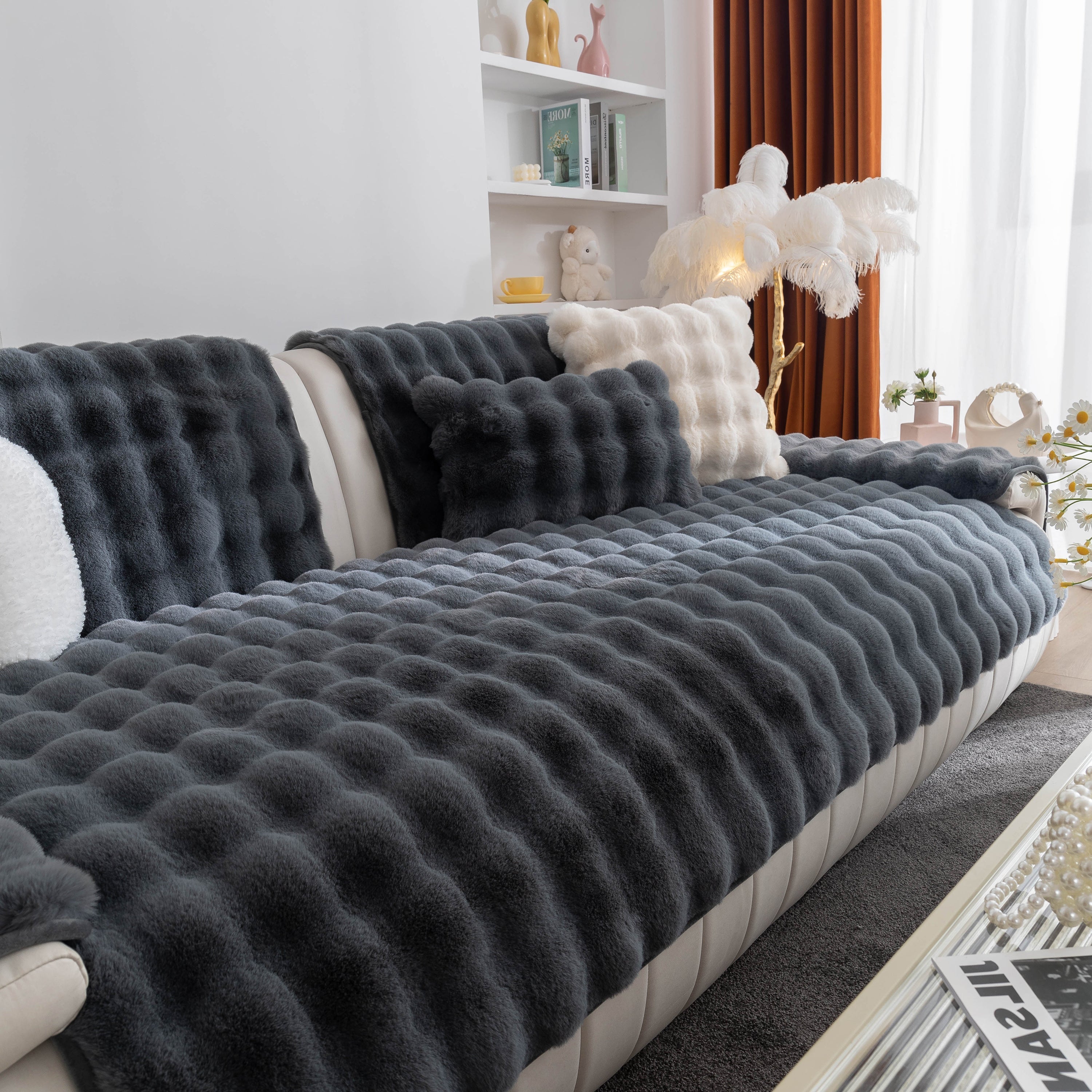 Thick Sofa Seat Pad Solid Color Faux Fur Fluffy Sofa Cushion Non-Slip Couch Covers