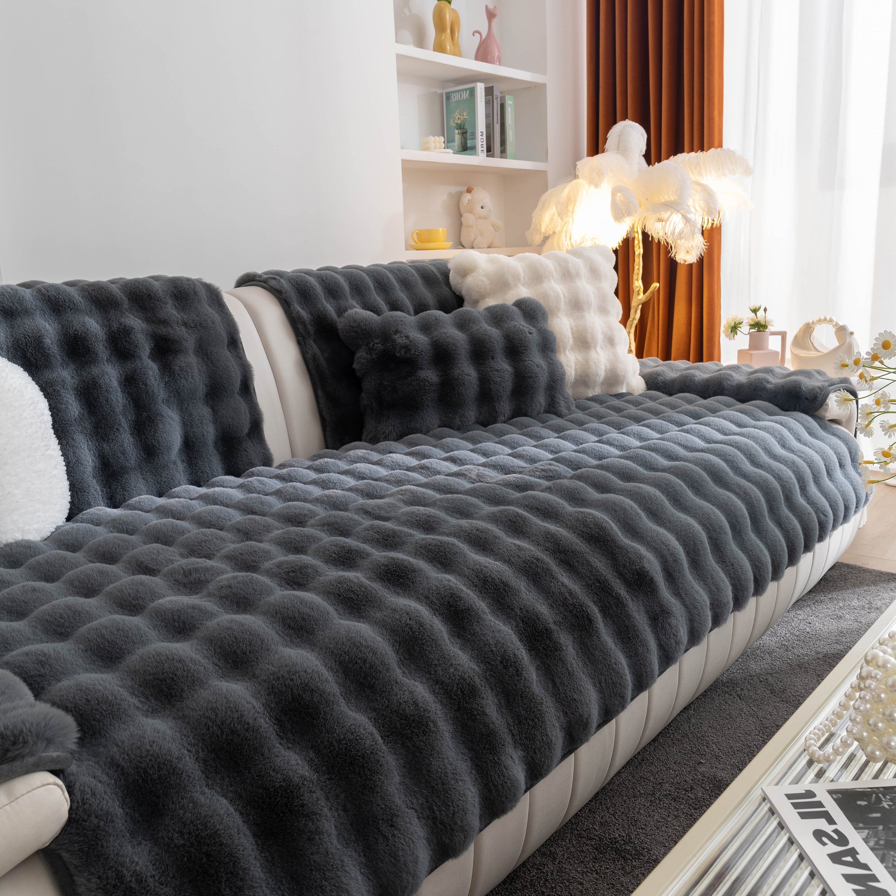 Thick Sofa Seat Pad Solid Color Faux Fur Fluffy Sofa Cushion Non-Slip Couch Covers