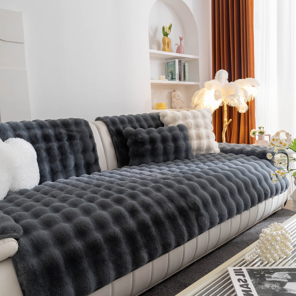 Thick Sofa Seat Pad Solid Color Faux Fur Fluffy Sofa Cushion Non-Slip Couch Covers