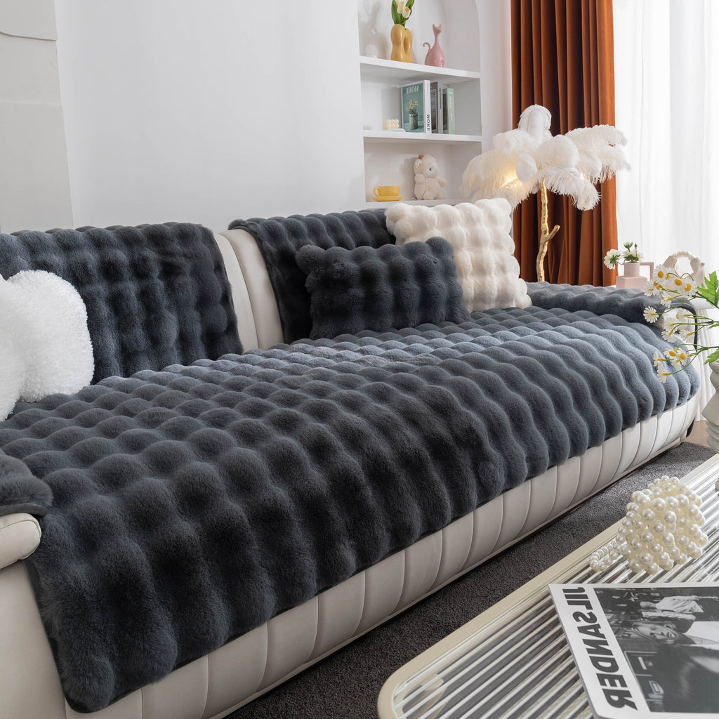 Thick Sofa Seat Pad Solid Color Faux Fur Fluffy Sofa Cushion Non-Slip Couch Covers