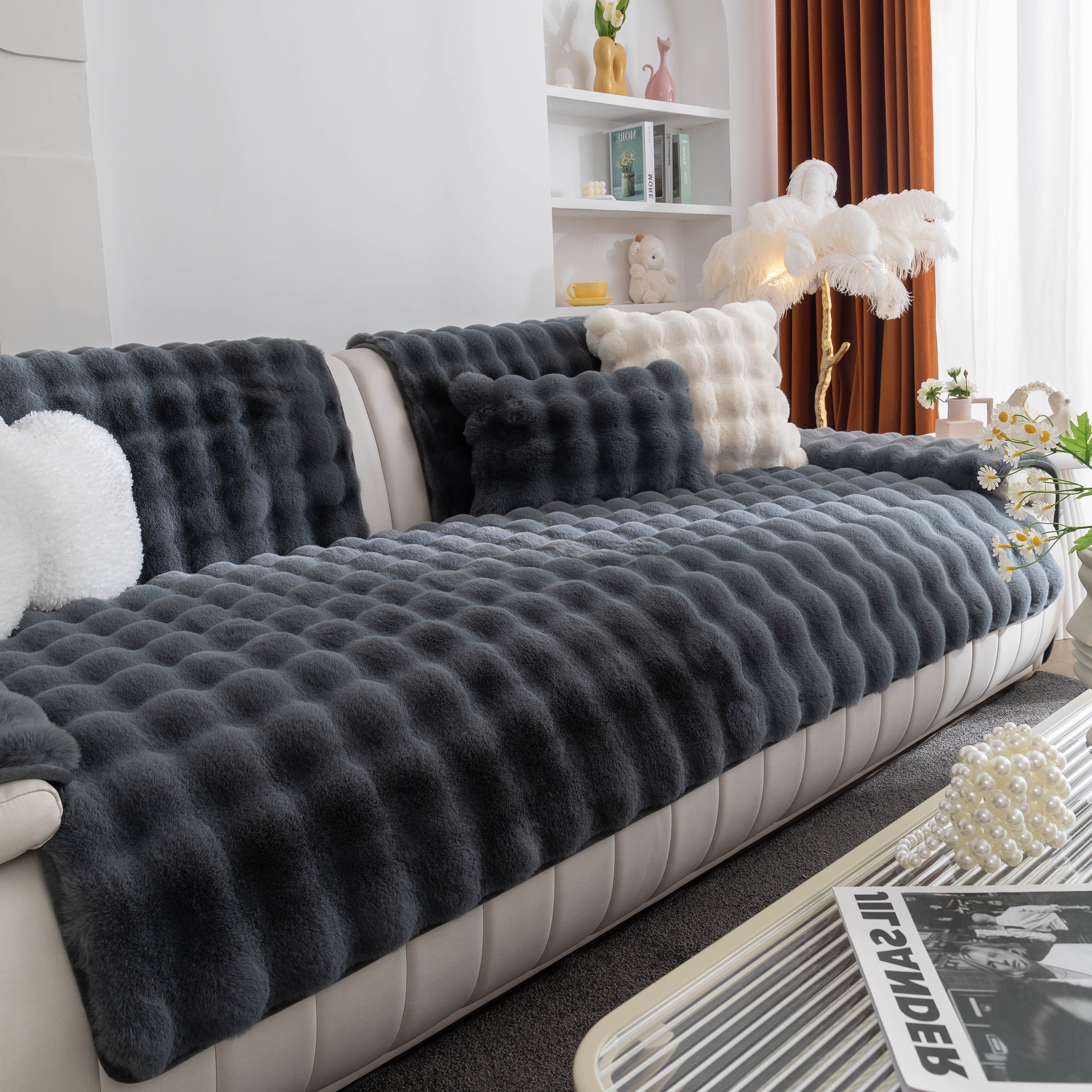 Thick Sofa Seat Pad Solid Color Faux Fur Fluffy Sofa Cushion Non-Slip Couch Covers