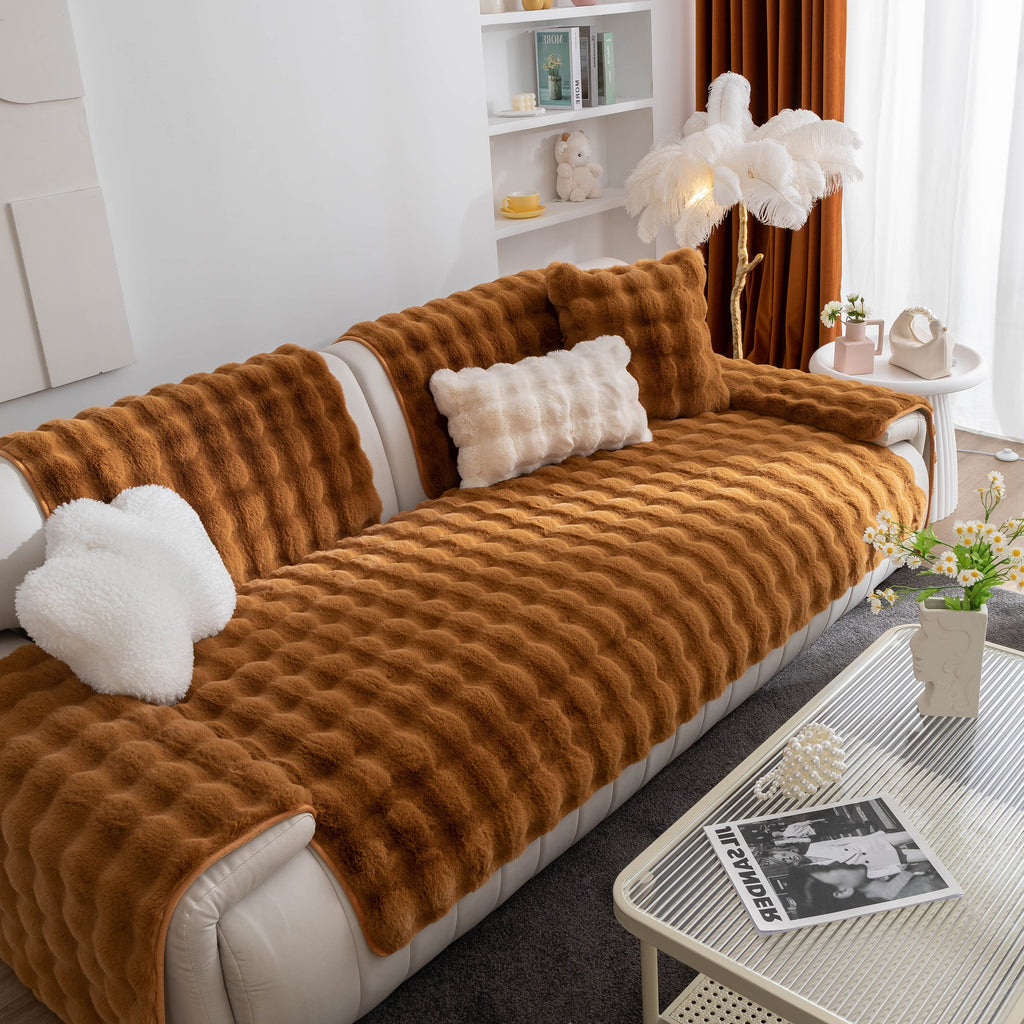 Thick Sofa Seat Pad Solid Color Faux Fur Fluffy Sofa Cushion Non-Slip Couch Covers