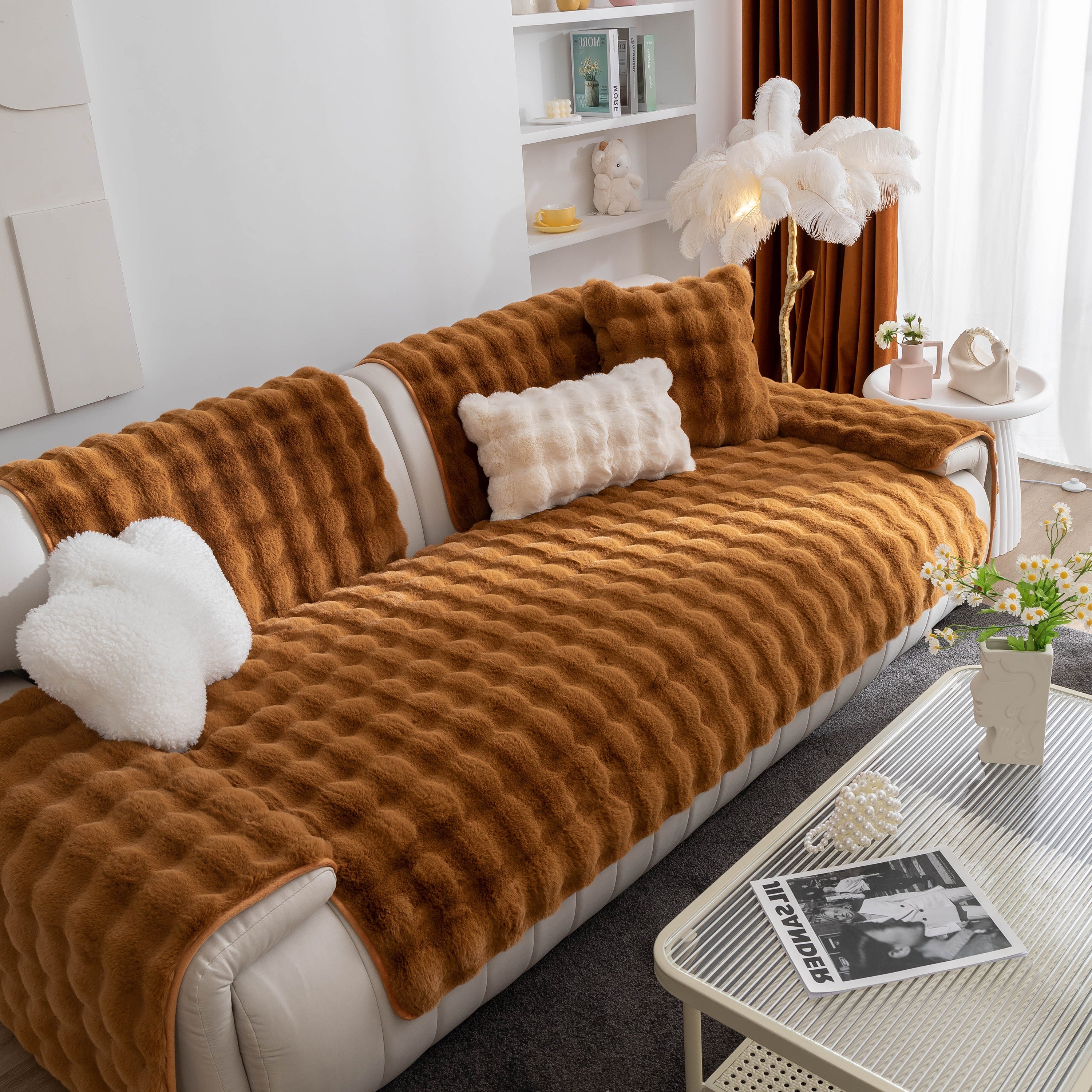 Thick Sofa Seat Pad Solid Color Faux Fur Fluffy Sofa Cushion Non-Slip Couch Covers