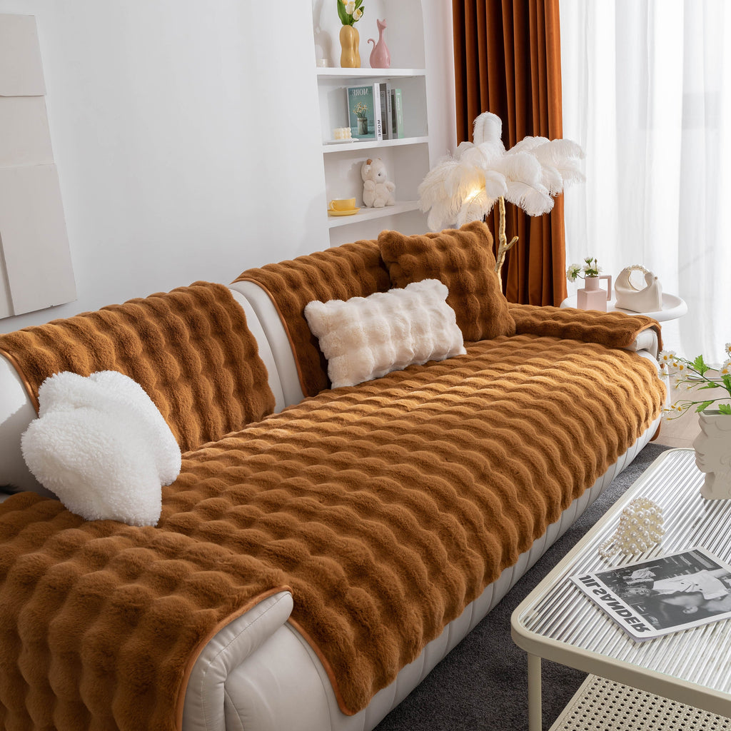 Thick Sofa Seat Pad Solid Color Faux Fur Fluffy Sofa Cushion Non-Slip Couch Covers