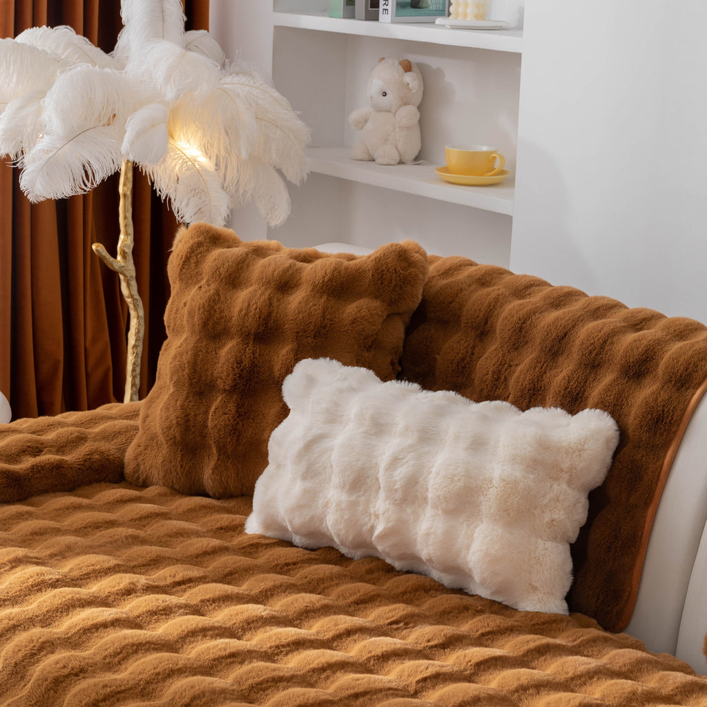 Thick Sofa Seat Pad Solid Color Faux Fur Fluffy Sofa Cushion Non-Slip Couch Covers