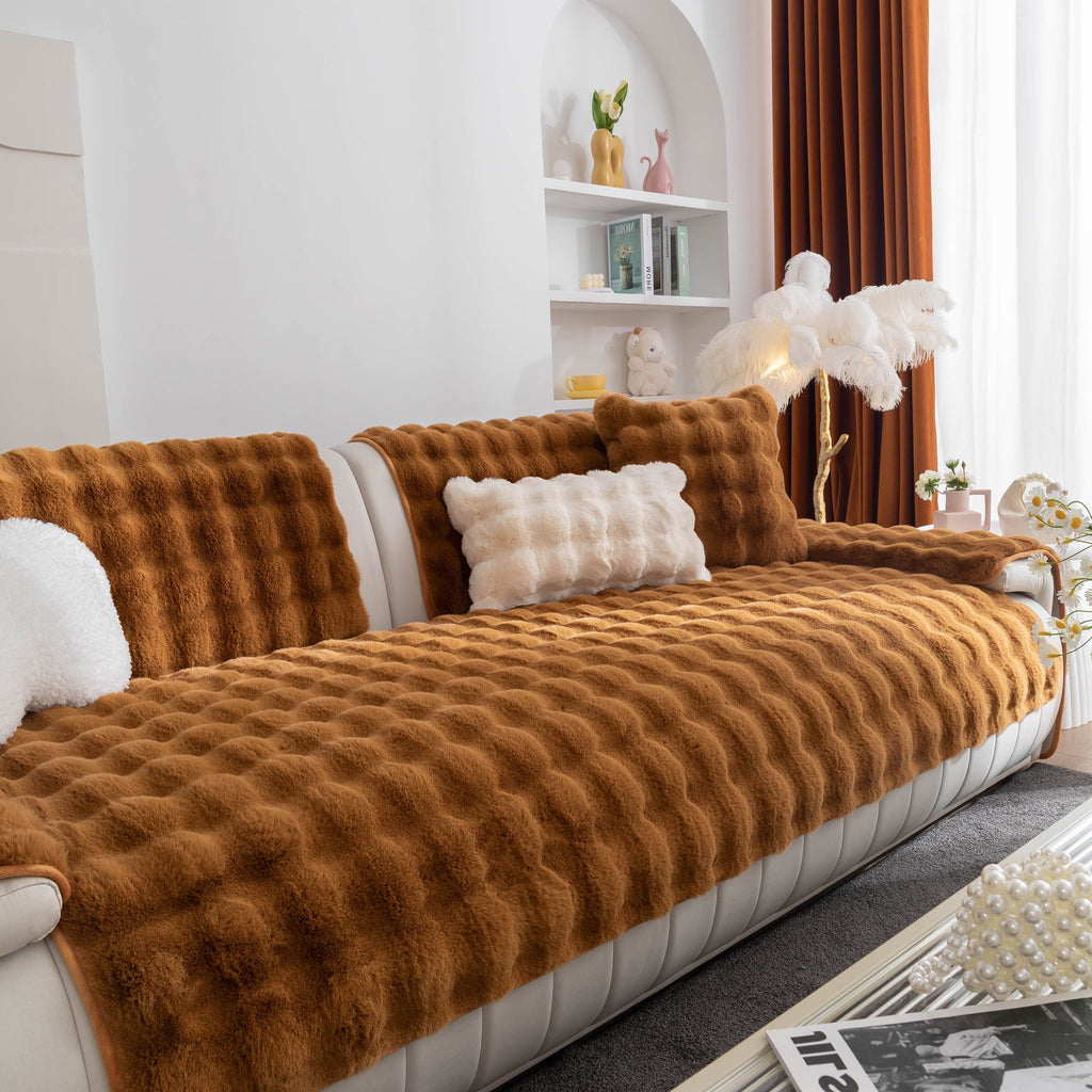 Thick Sofa Seat Pad Solid Color Faux Fur Fluffy Sofa Cushion Non-Slip Couch Covers