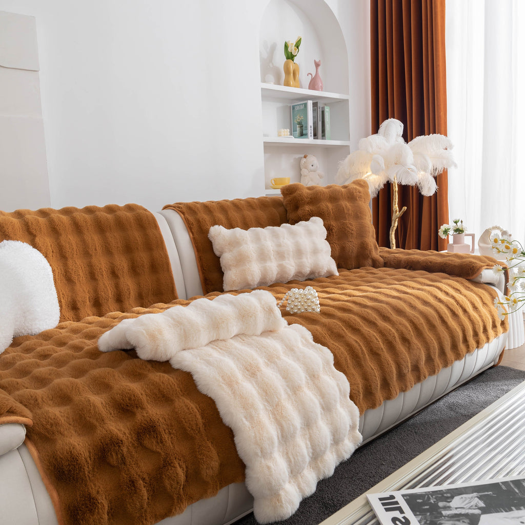 Thick Sofa Seat Pad Solid Color Faux Fur Fluffy Sofa Cushion Non-Slip Couch Covers