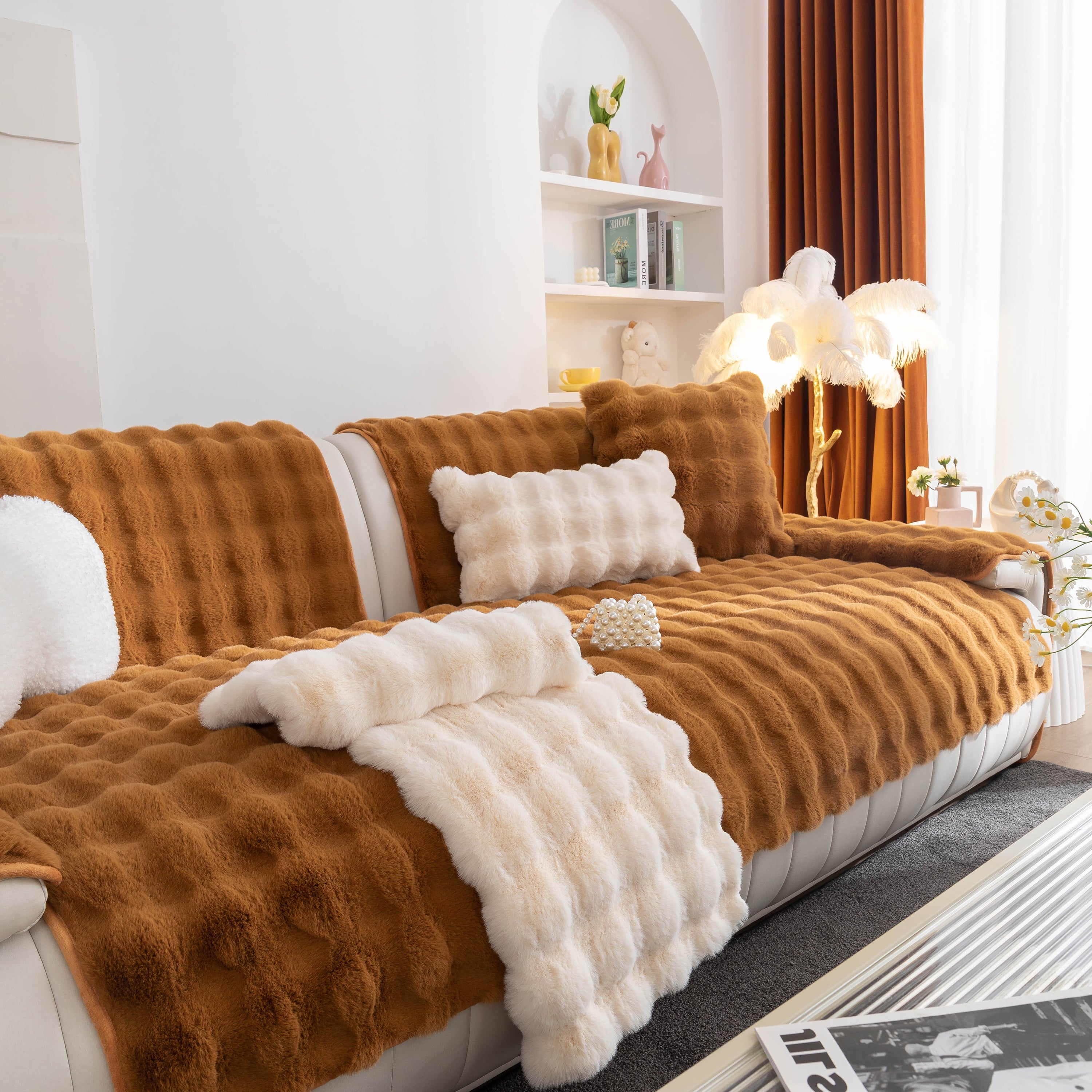 Thick Sofa Seat Pad Solid Color Faux Fur Fluffy Sofa Cushion Non-Slip Couch Covers