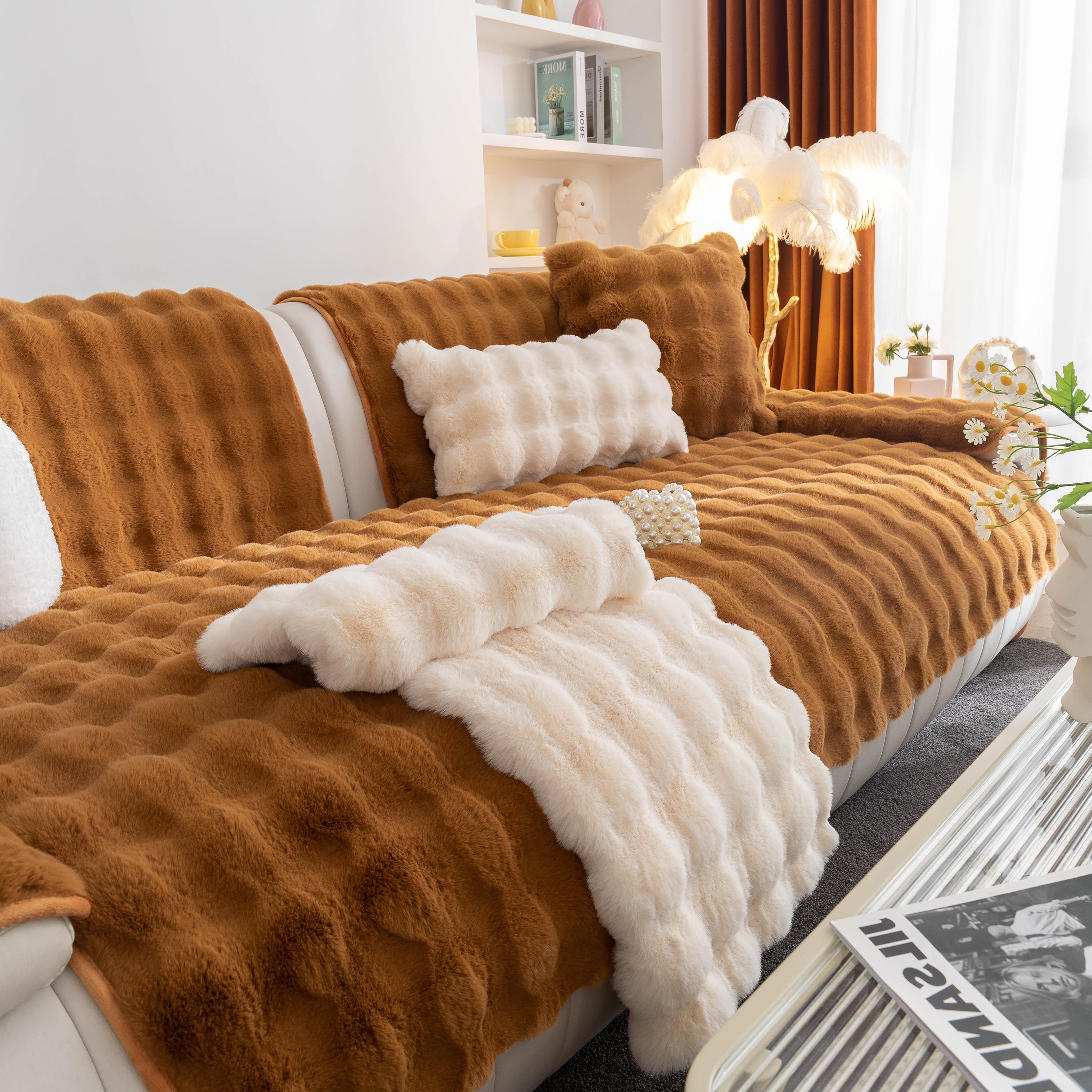 Thick Sofa Seat Pad Solid Color Faux Fur Fluffy Sofa Cushion Non-Slip Couch Covers