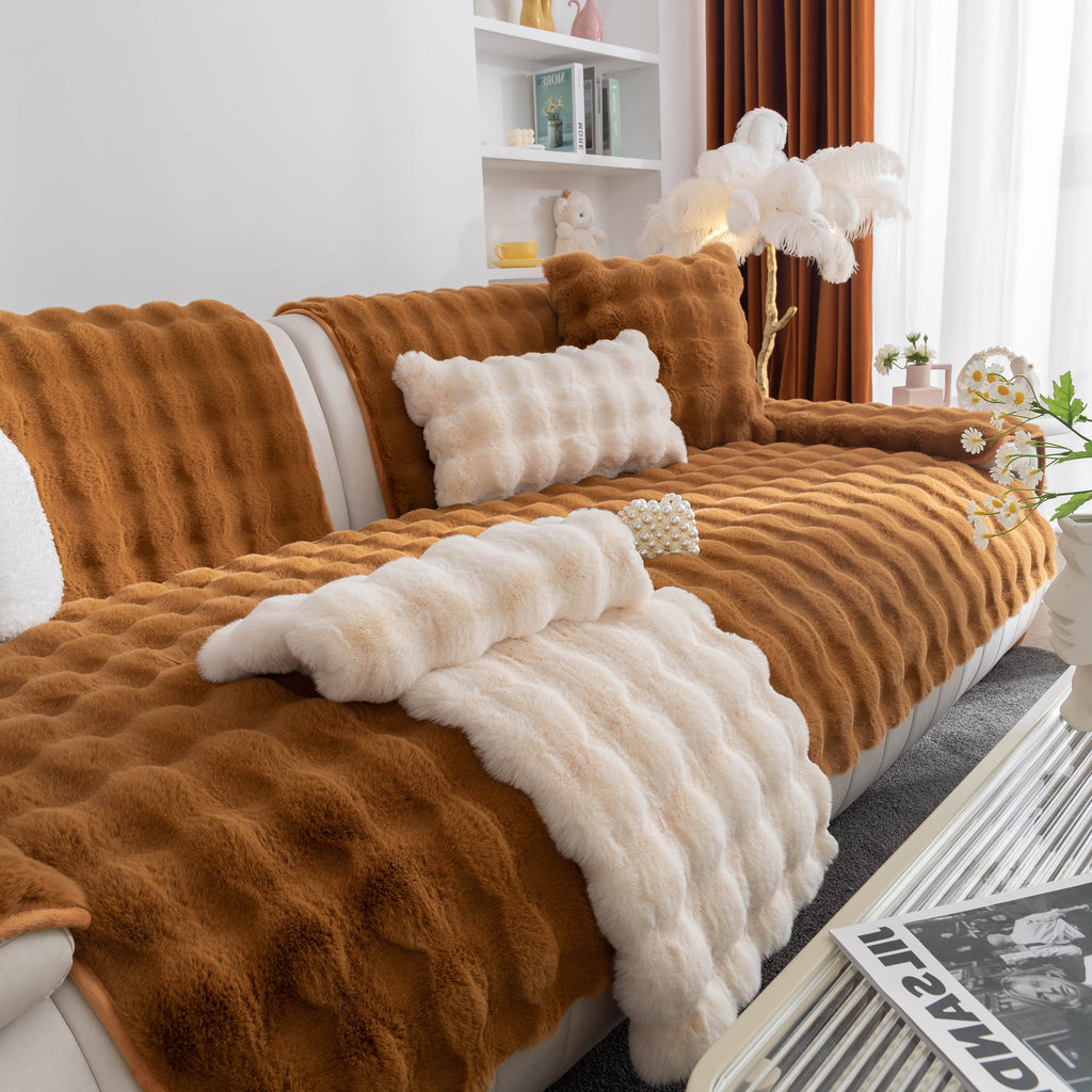 Thick Sofa Seat Pad Solid Color Faux Fur Fluffy Sofa Cushion Non-Slip Couch Covers