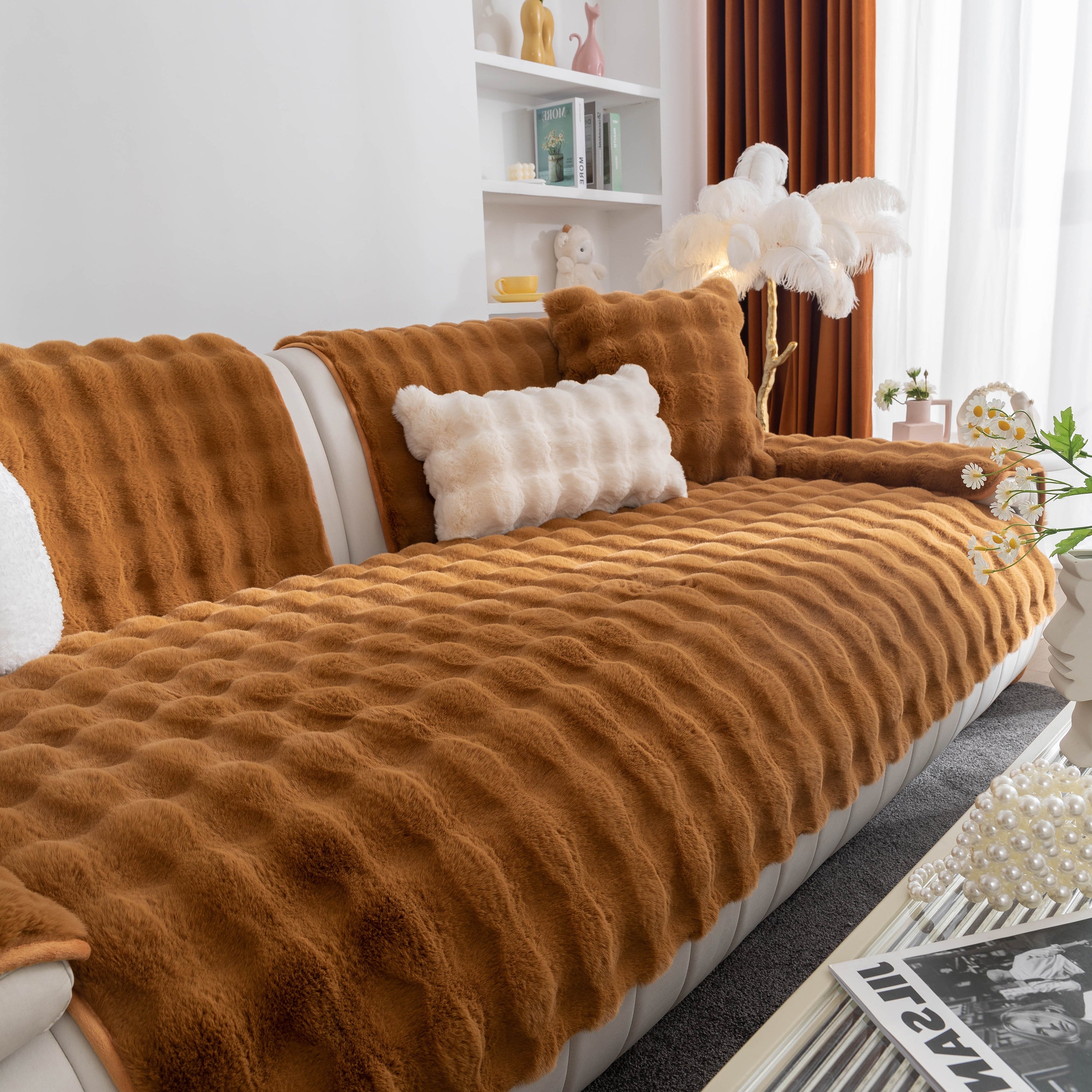 Thick Sofa Seat Pad Solid Color Faux Fur Fluffy Sofa Cushion Non-Slip Couch Covers