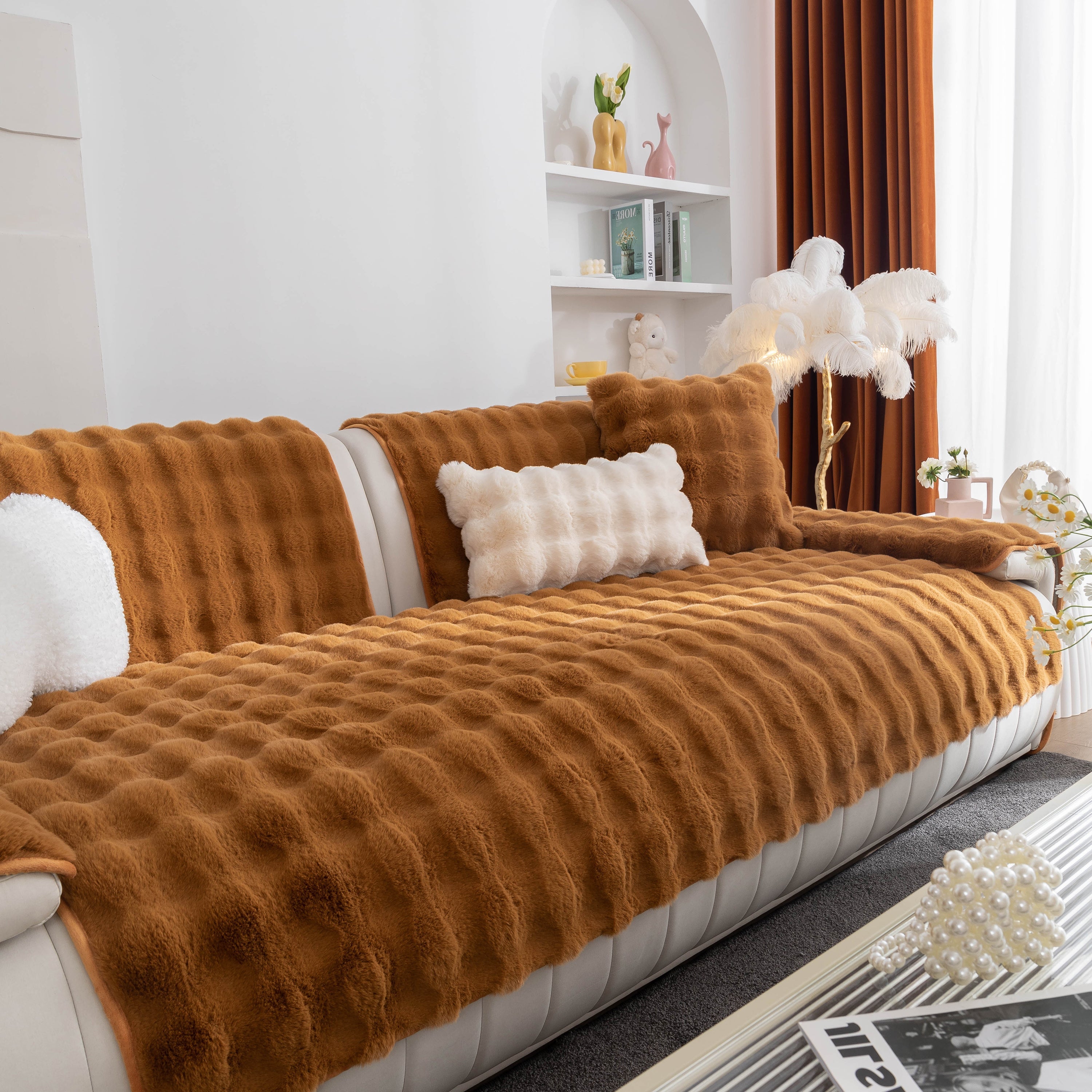 Thick Sofa Seat Pad Solid Color Faux Fur Fluffy Sofa Cushion Non-Slip Couch Covers