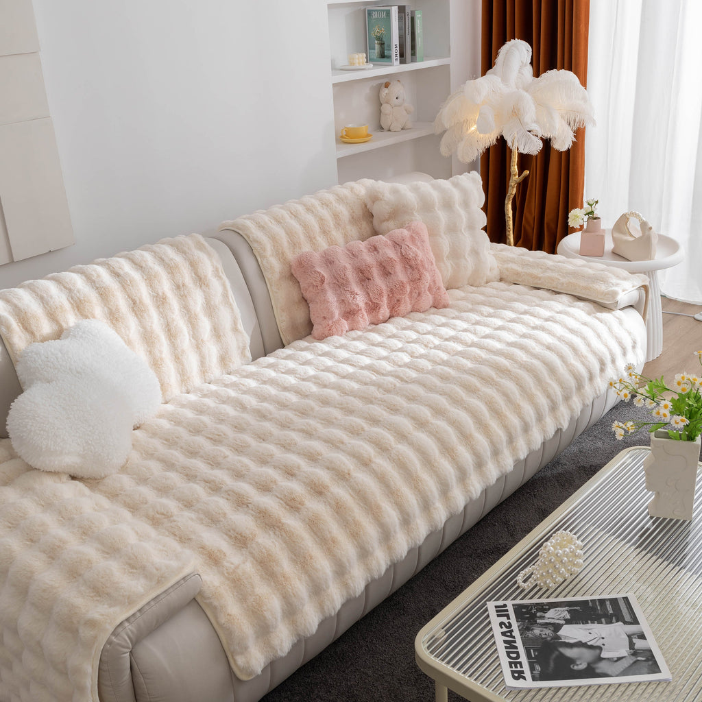 Thick Sofa Seat Pad Solid Color Faux Fur Fluffy Sofa Cushion Non-Slip Couch Covers