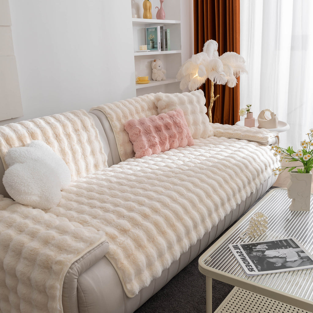 Thick Sofa Seat Pad Solid Color Faux Fur Fluffy Sofa Cushion Non-Slip Couch Covers