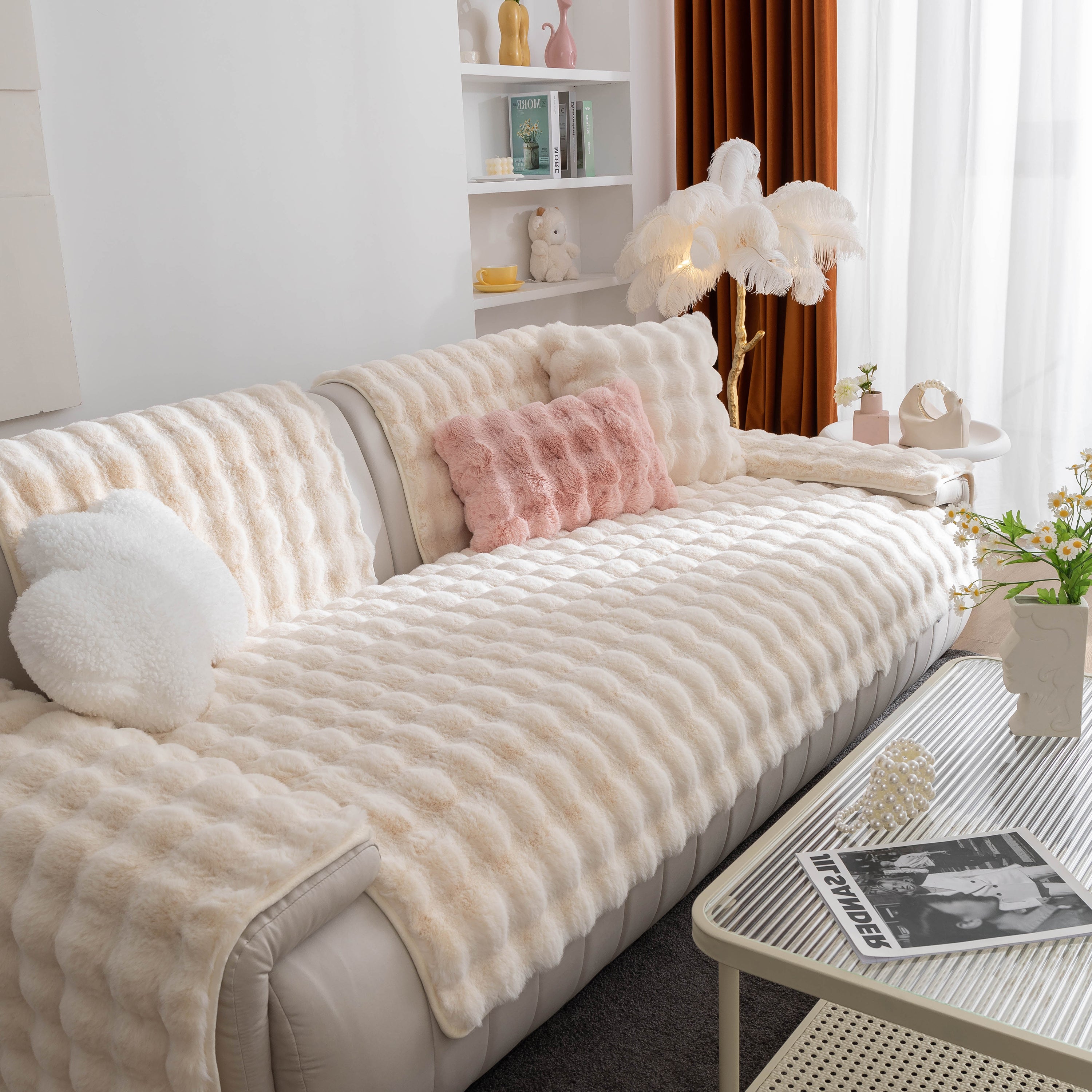 Thick Sofa Seat Pad Solid Color Faux Fur Fluffy Sofa Cushion Non-Slip Couch Covers
