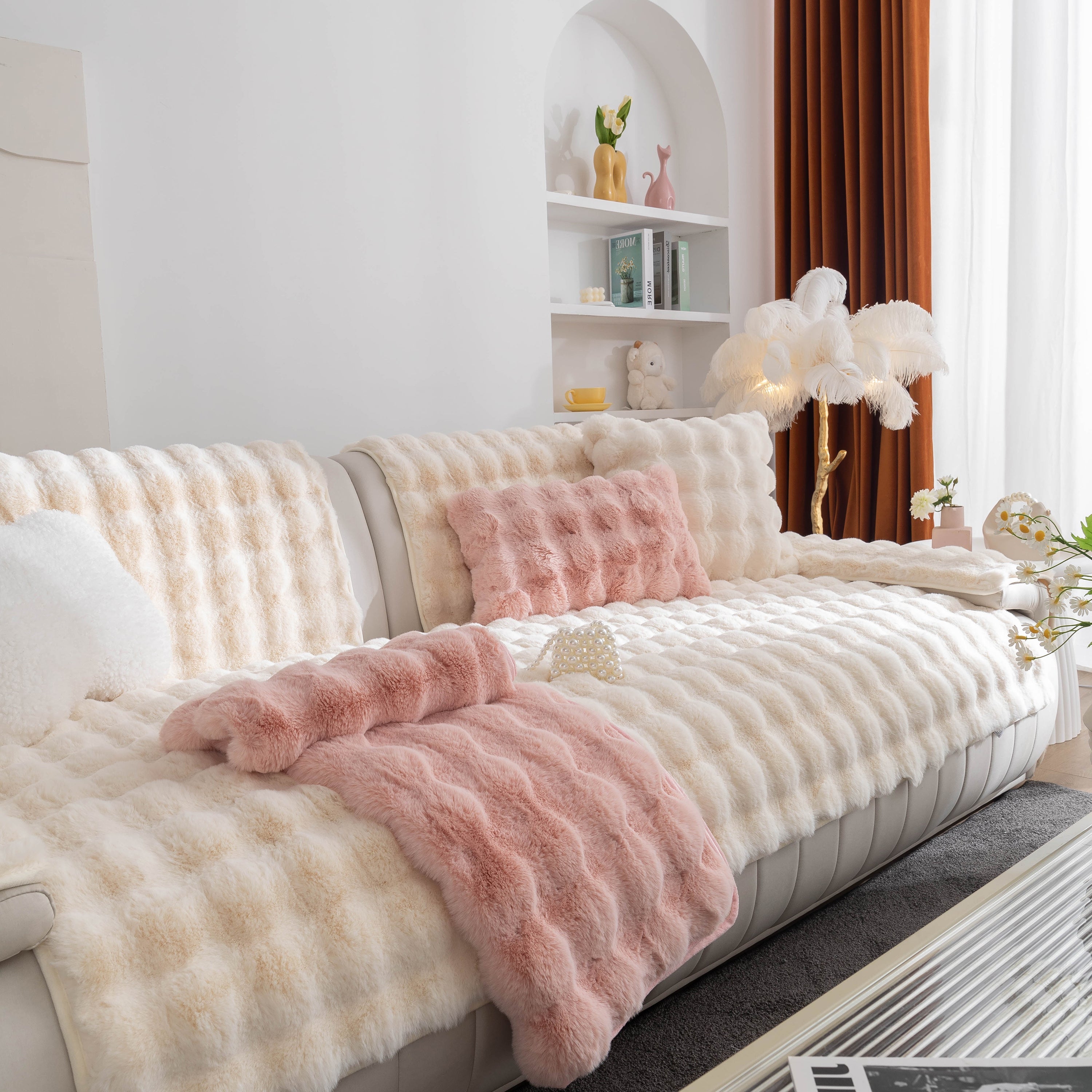 Thick Sofa Seat Pad Solid Color Faux Fur Fluffy Sofa Cushion Non-Slip Couch Covers