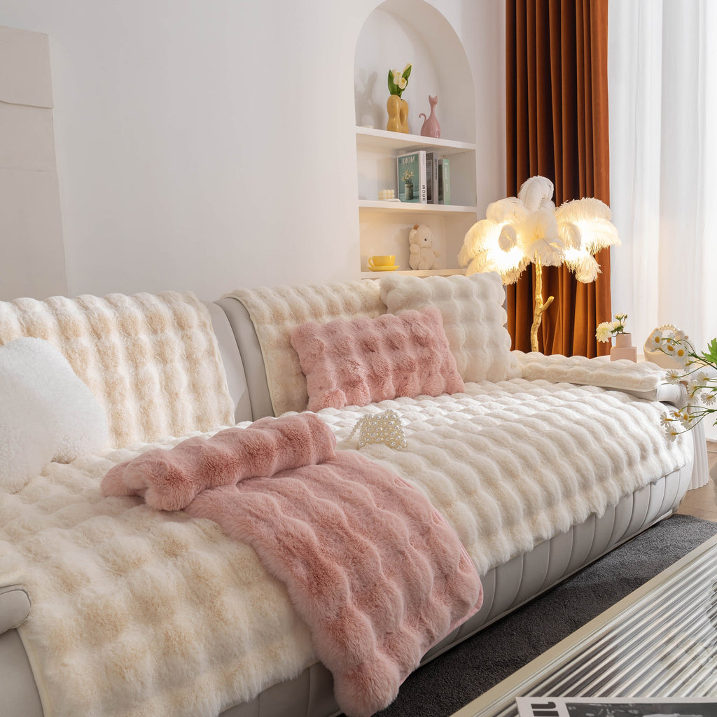 Thick Sofa Seat Pad Solid Color Faux Fur Fluffy Sofa Cushion Non-Slip Couch Covers