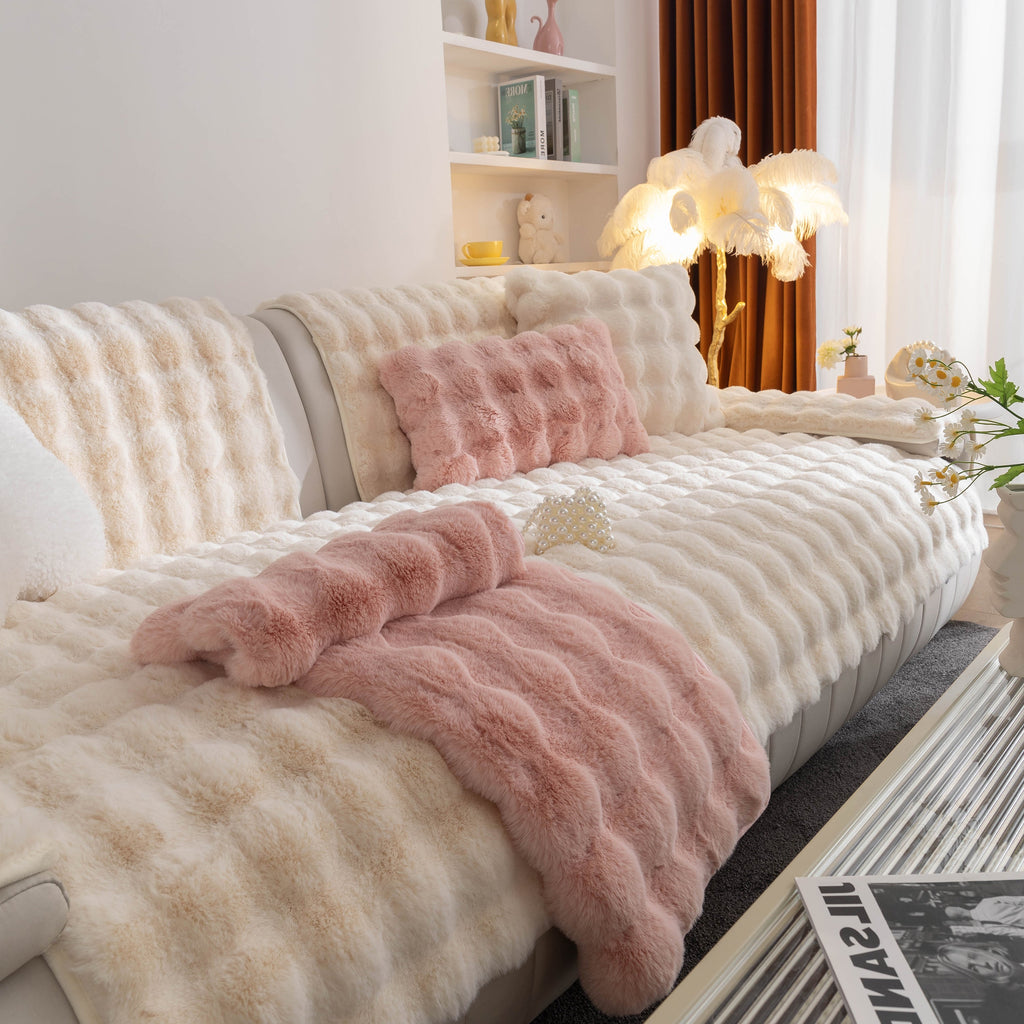 Thick Sofa Seat Pad Solid Color Faux Fur Fluffy Sofa Cushion Non-Slip Couch Covers