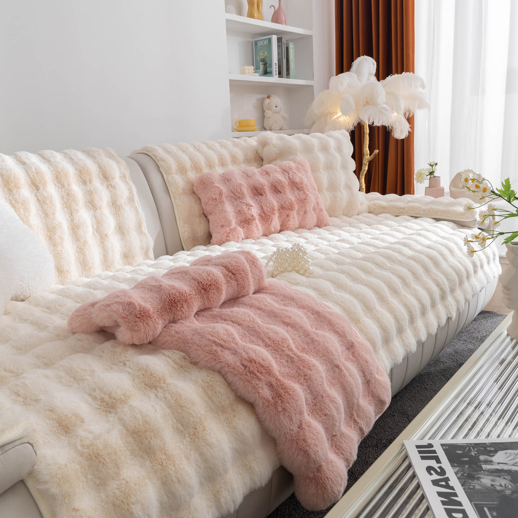 Thick Sofa Seat Pad Solid Color Faux Fur Fluffy Sofa Cushion Non-Slip Couch Covers