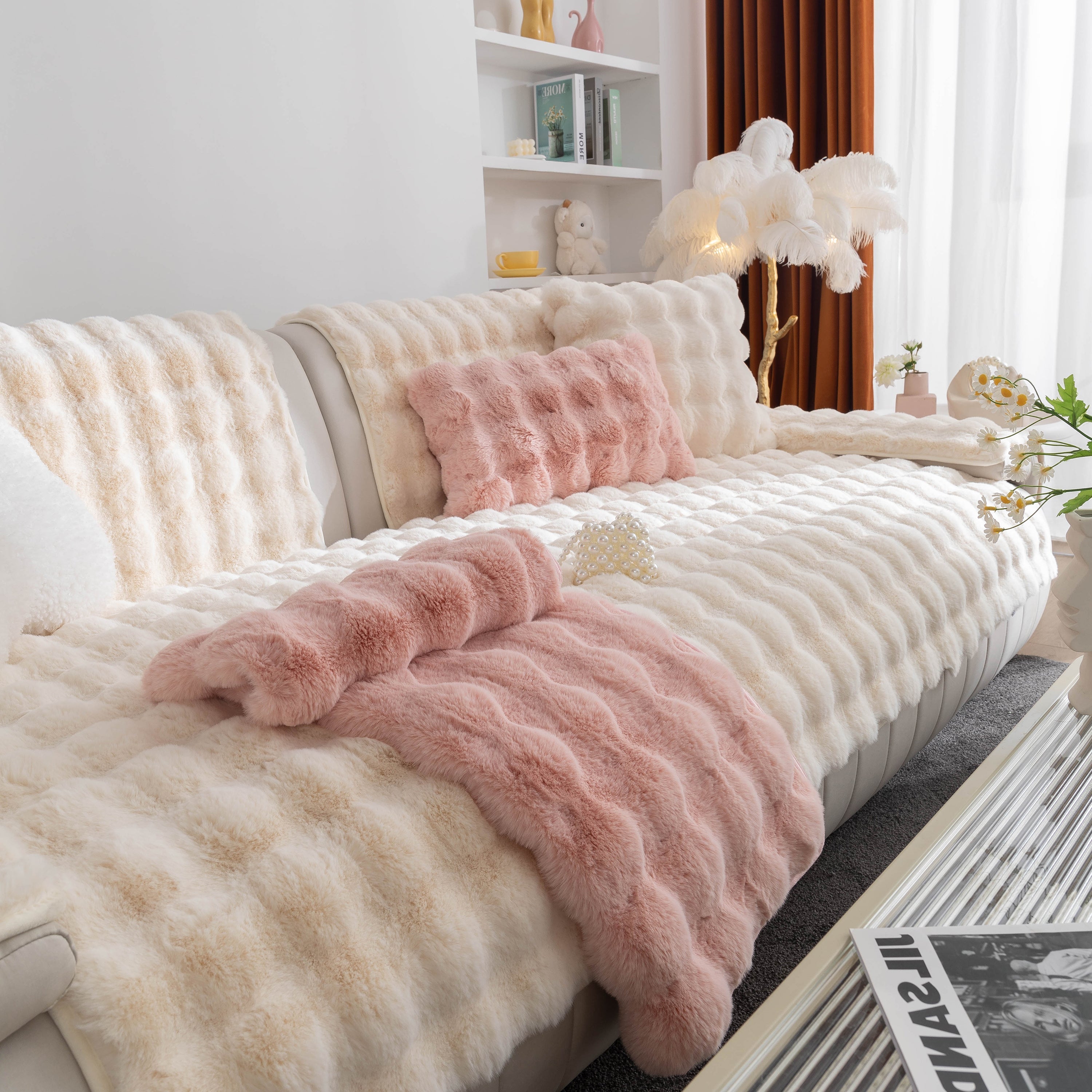 Thick Sofa Seat Pad Solid Color Faux Fur Fluffy Sofa Cushion Non-Slip Couch Covers