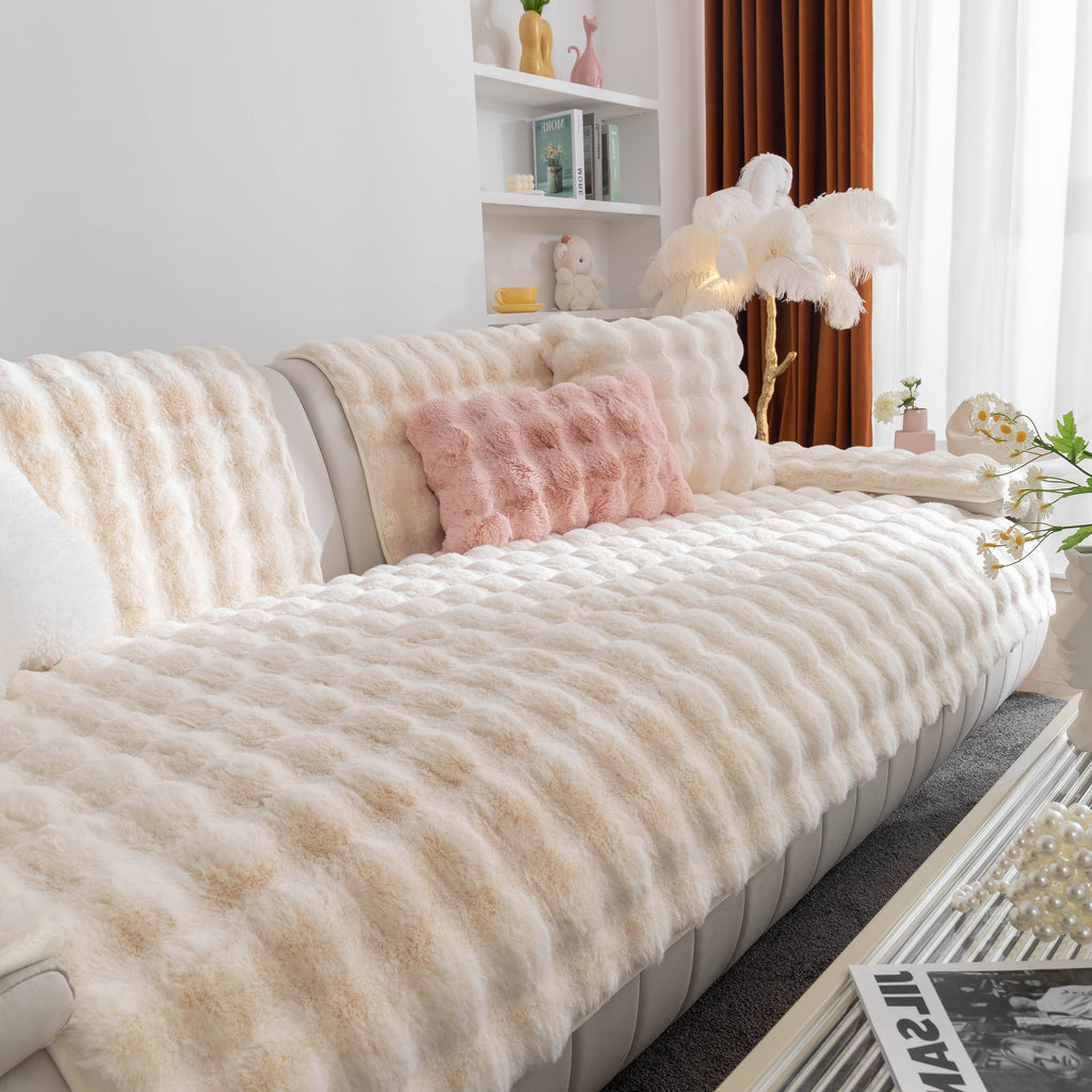 Thick Sofa Seat Pad Solid Color Faux Fur Fluffy Sofa Cushion Non-Slip Couch Covers