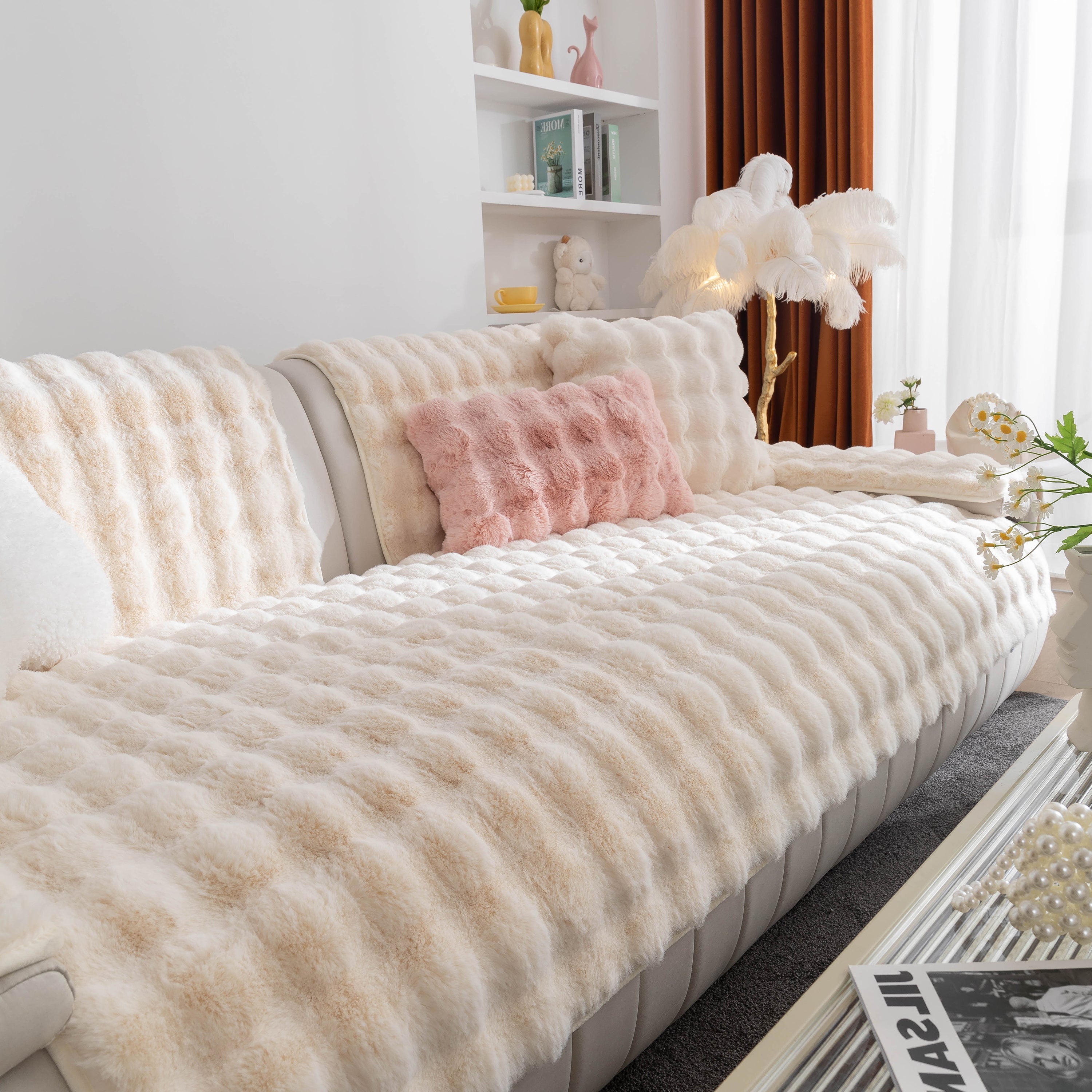 Thick Sofa Seat Pad Solid Color Faux Fur Fluffy Sofa Cushion Non-Slip Couch Covers