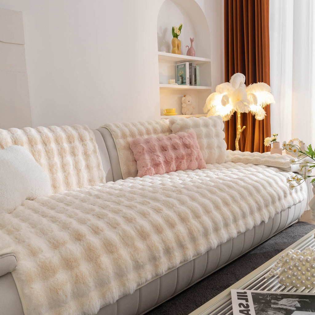 Thick Sofa Seat Pad Solid Color Faux Fur Fluffy Sofa Cushion Non-Slip Couch Covers