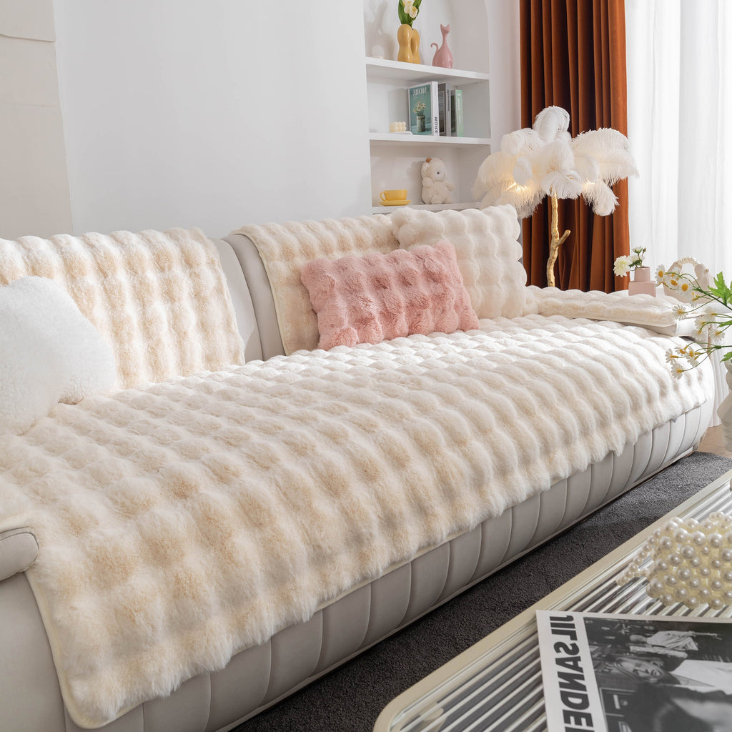 Thick Sofa Seat Pad Solid Color Faux Fur Fluffy Sofa Cushion Non-Slip Couch Covers