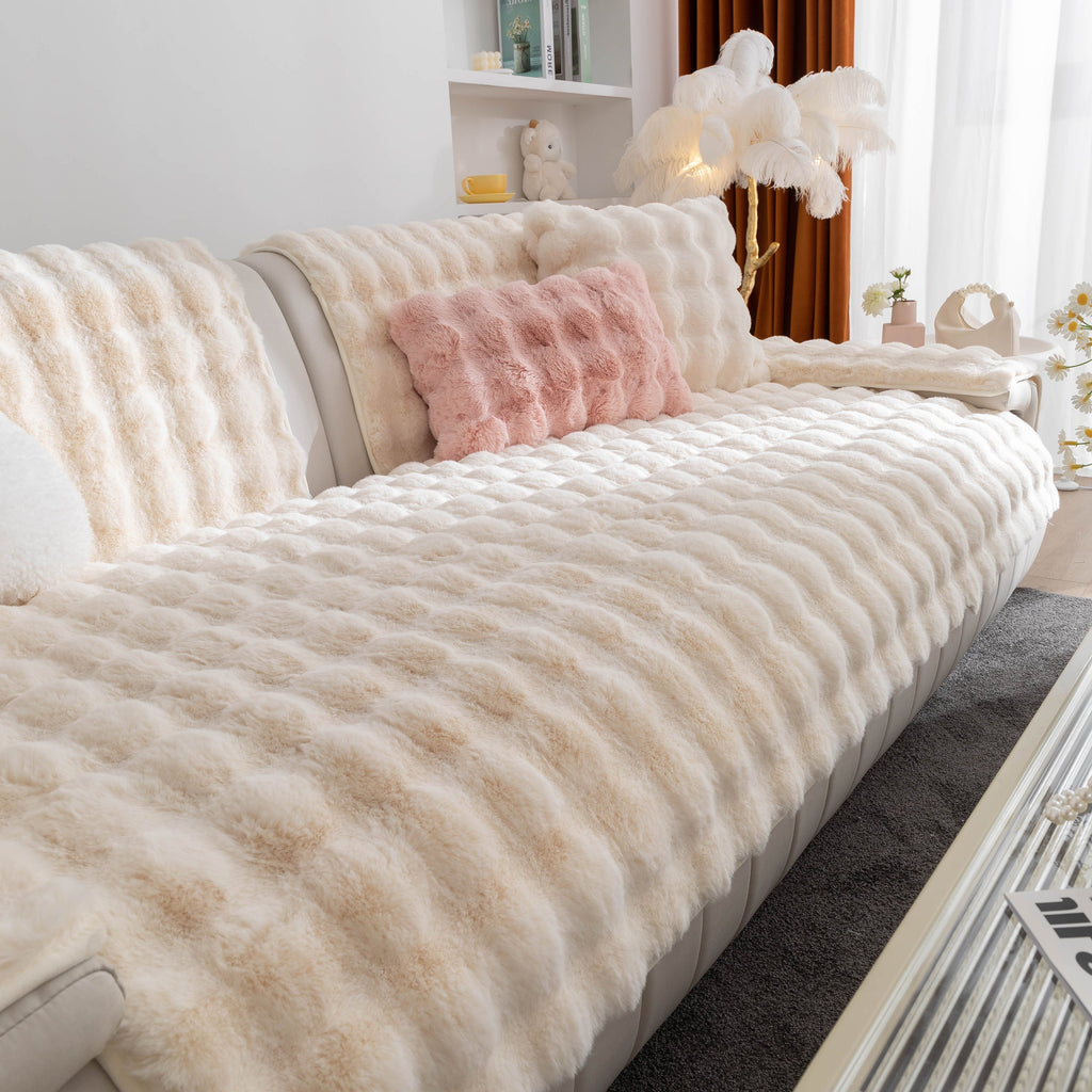 Thick Sofa Seat Pad Solid Color Faux Fur Fluffy Sofa Cushion Non-Slip Couch Covers