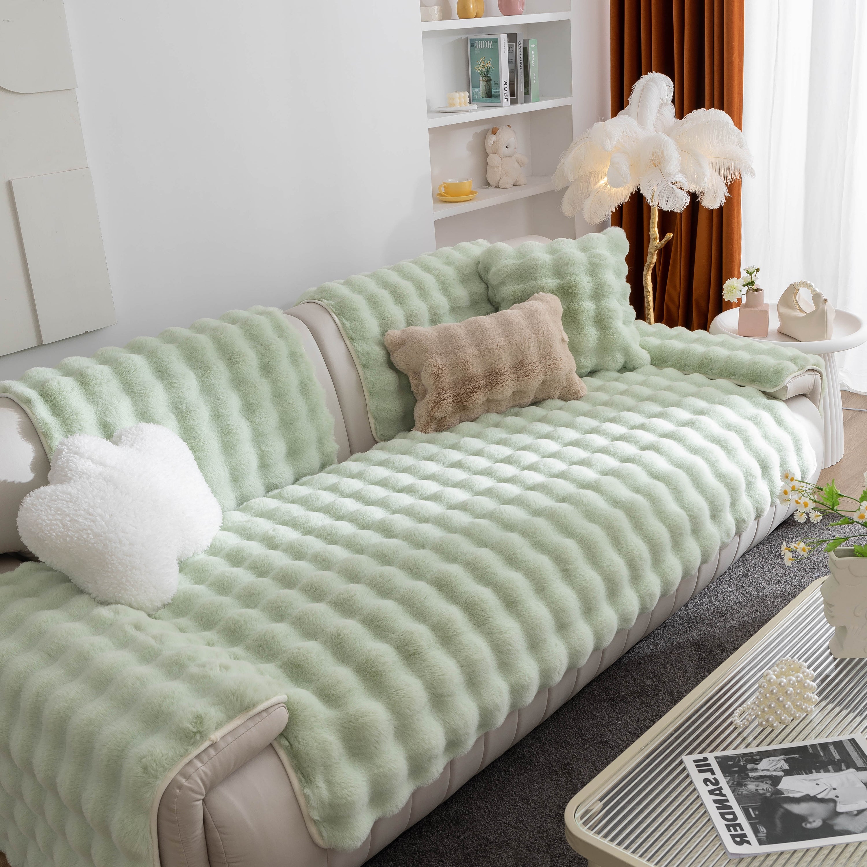 Thick Sofa Seat Pad Solid Color Faux Fur Fluffy Sofa Cushion Non-Slip Couch Covers