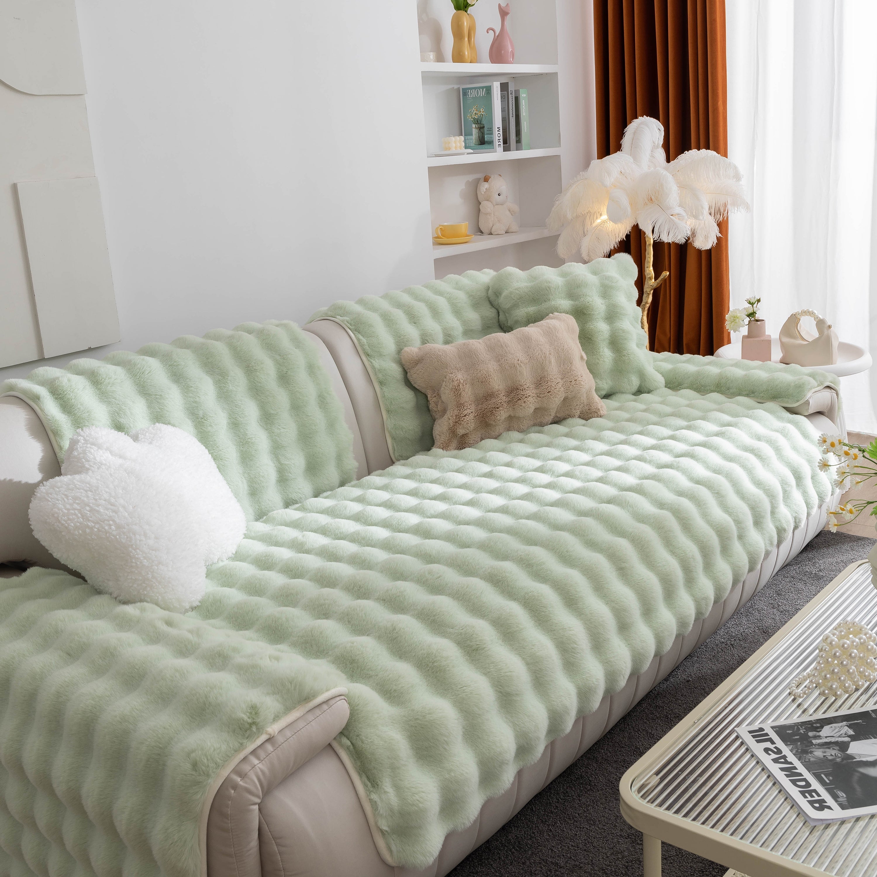 Thick Sofa Seat Pad Solid Color Faux Fur Fluffy Sofa Cushion Non-Slip Couch Covers